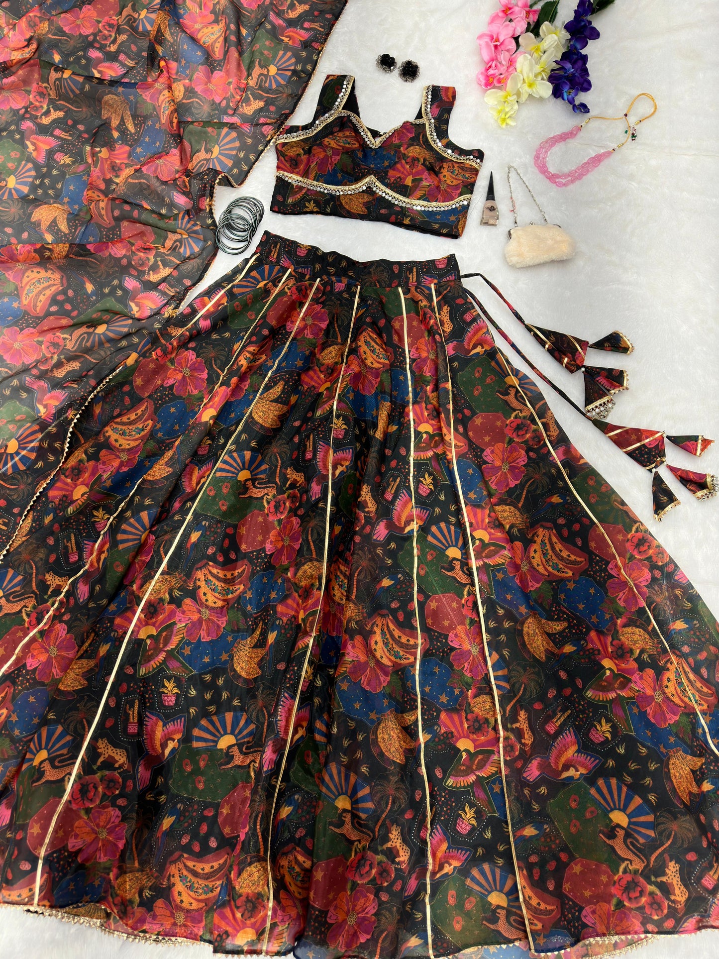 Engagement Wear Multi Color Pure Jimmy Organza Silk Floral Printed 8 Meter Huge Lehenga Choli