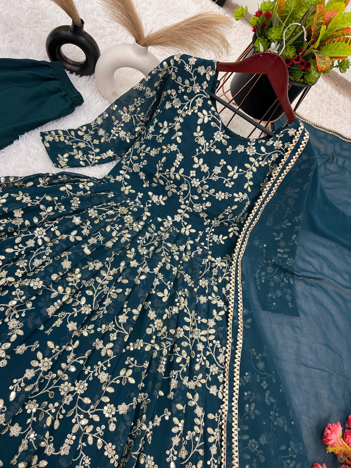 Graceful Teal Color Heavy Faux Georgette With Embroidery Work Anarkali Gown