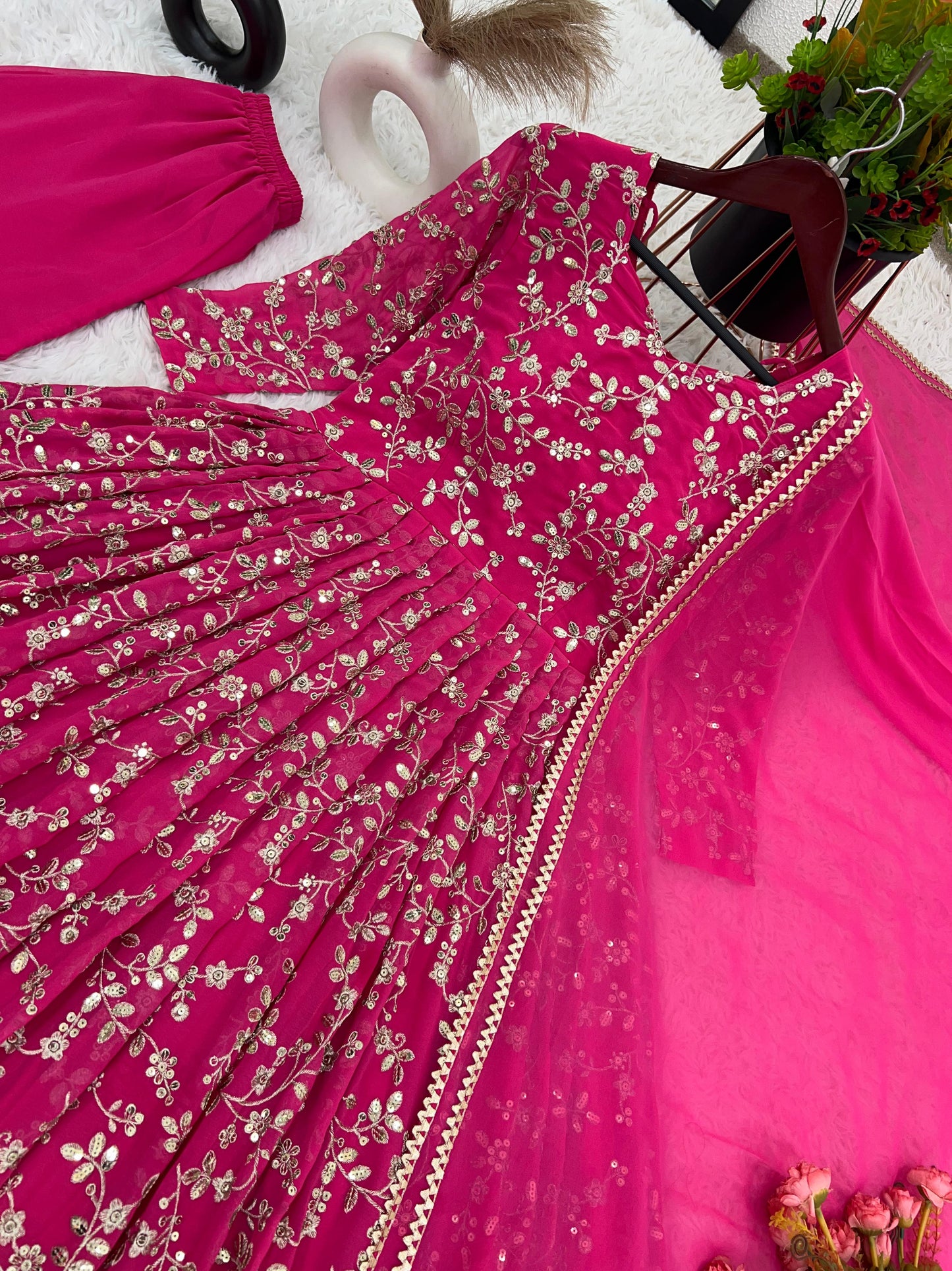 Fantastic Pink Color Heavy Faux Georgette With Embroidery Work Anarkali Gown