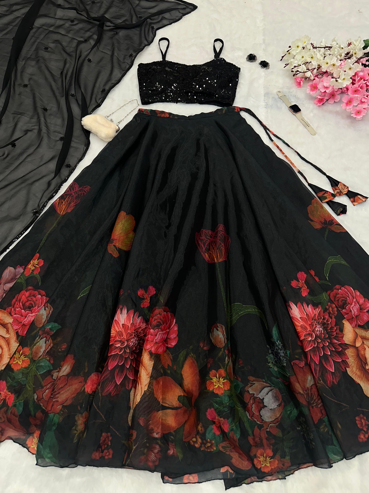Trendy Black Color Chinon Pure Jimmy Organza Silk Floral Printed With 8 Meter Lehenga Choli
