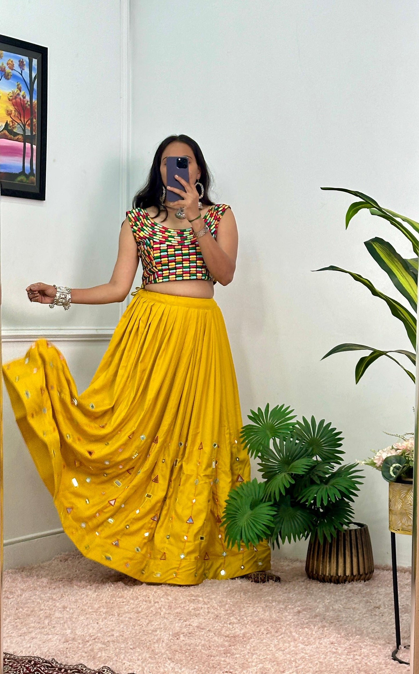 Garba Special Wear Yellow Color Rayon With Heavy Embroidery Work With Real Mirror Work Navratri Lehenga Choli