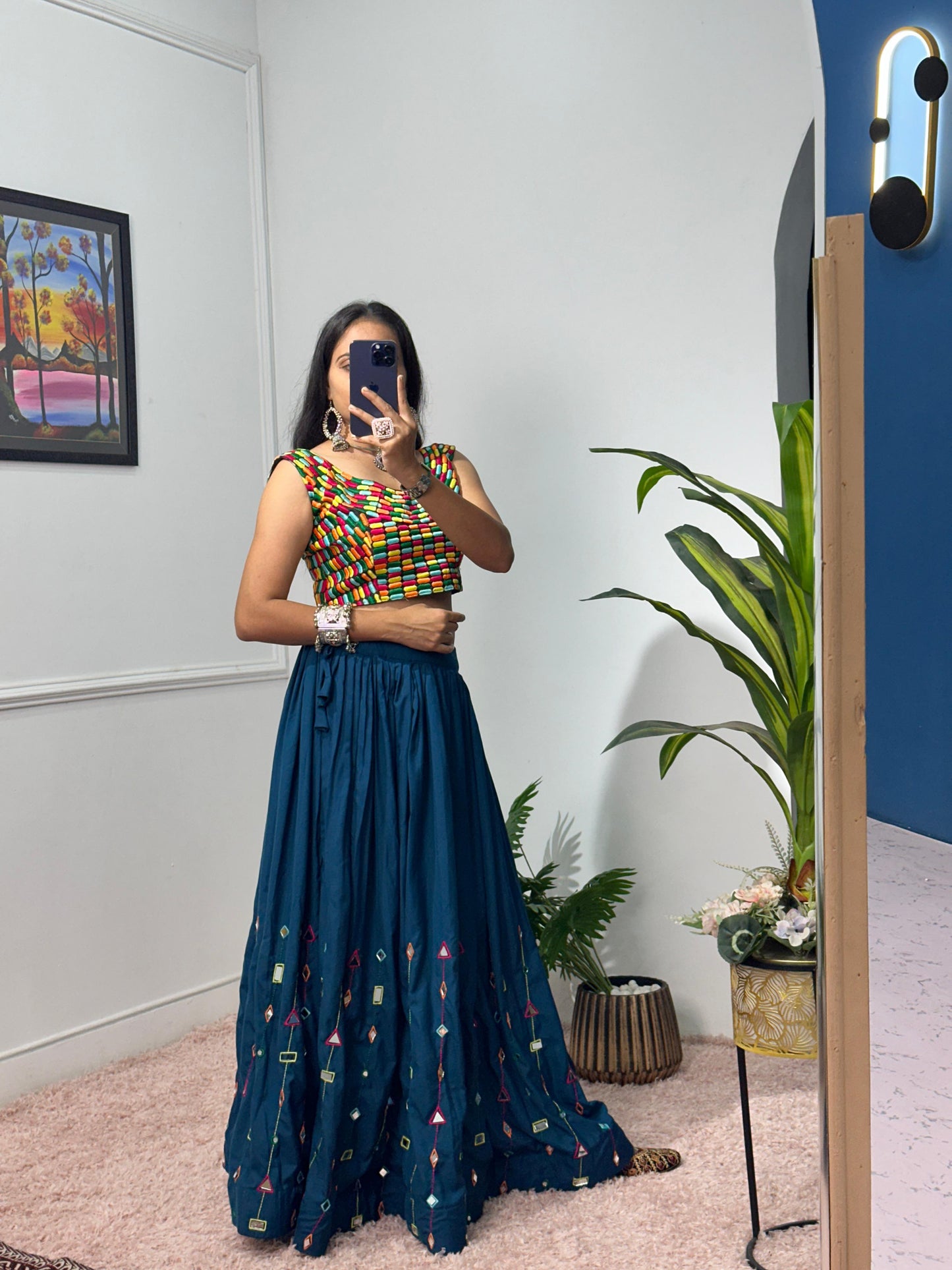 Garba Special Wear Teal Color Rayon With Heavy Embroidery Work With Real Mirror Work Navratri Lehenga Choli