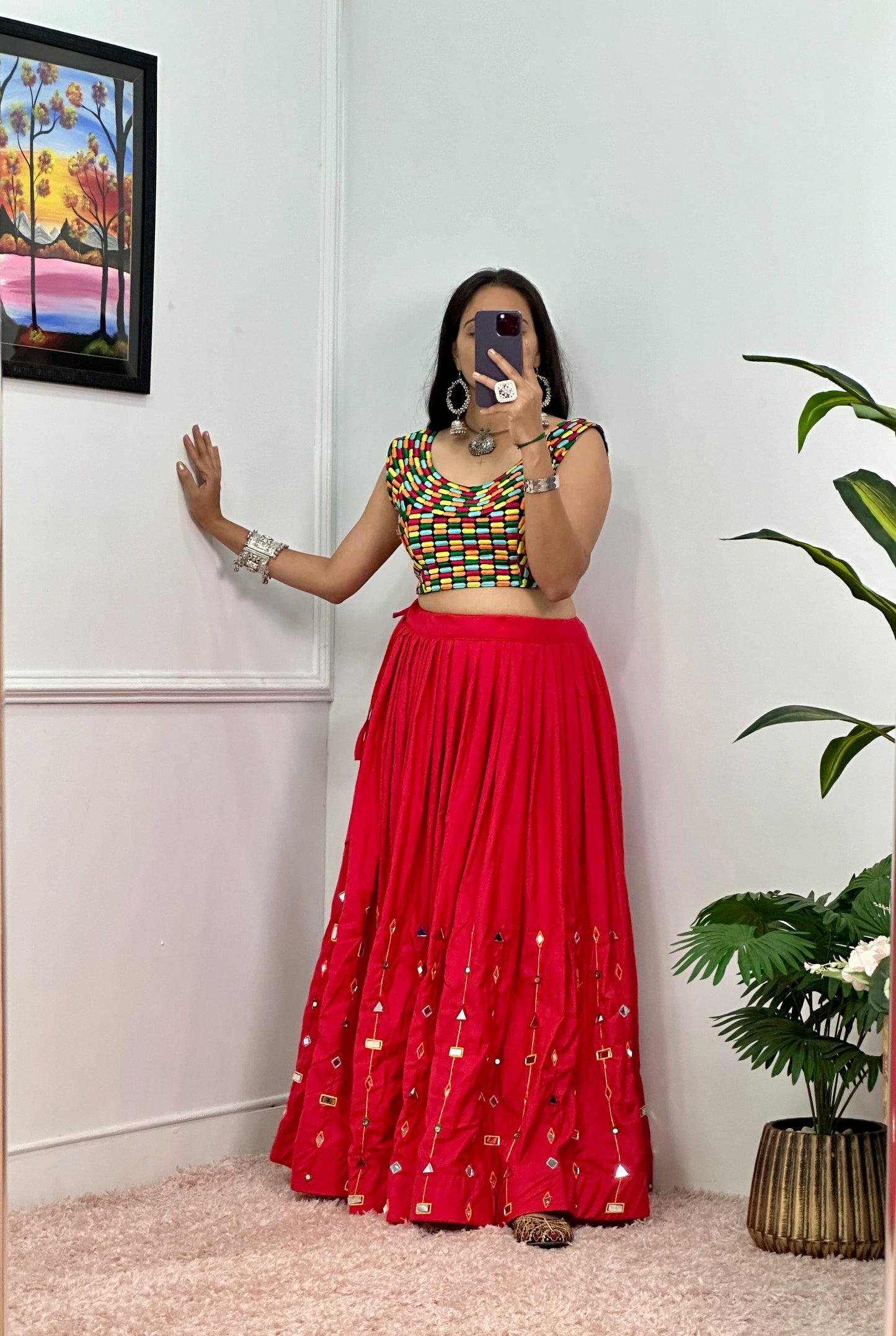 Garba Special Wear Red Color Rayon With Heavy Embroidery Work With Real Mirror Work Navratri Lehenga Choli