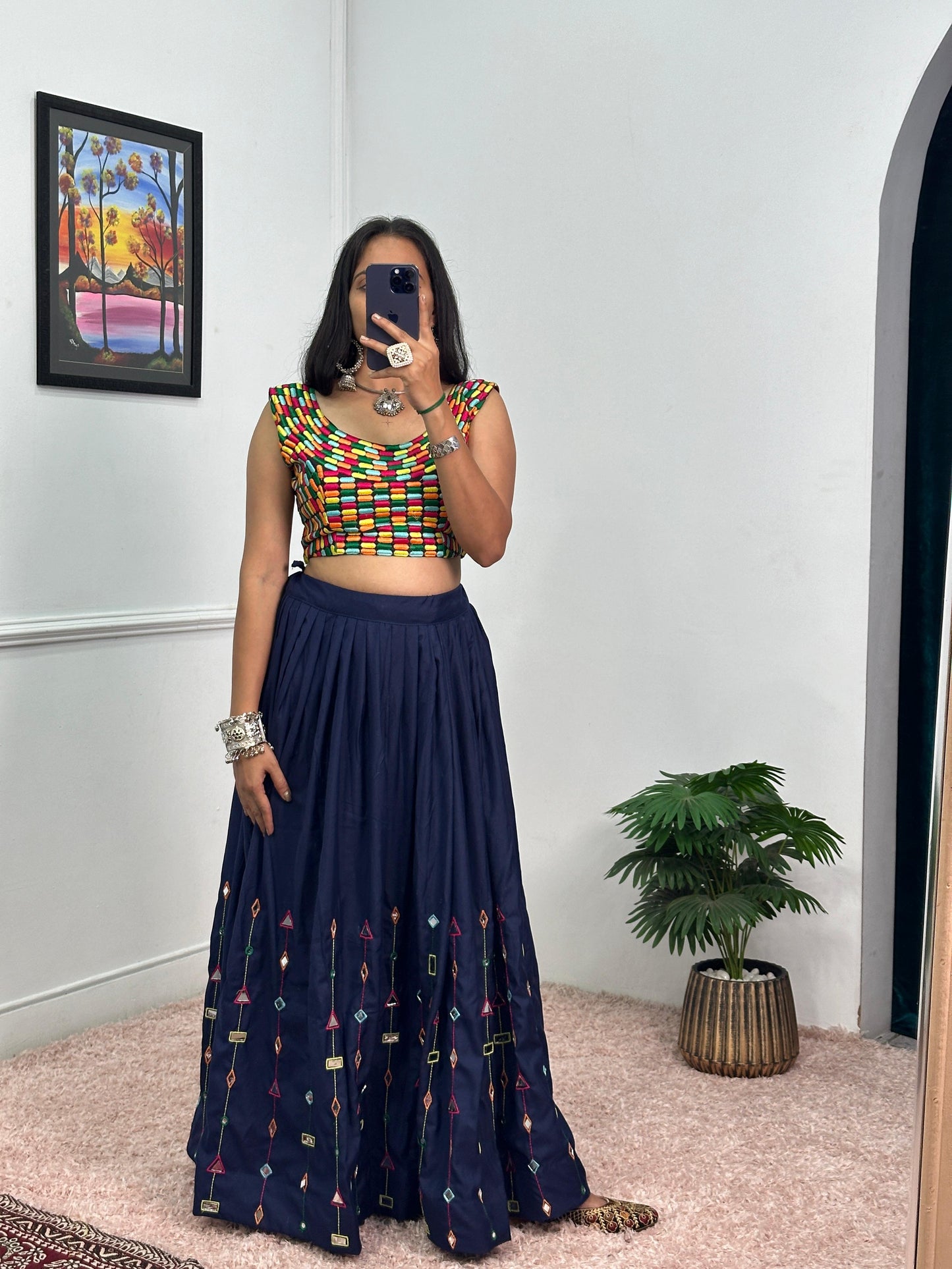Garba Special Wear Navy Blue Color Rayon With Heavy Embroidery Work With Real Mirror Work Navratri Lehenga Choli