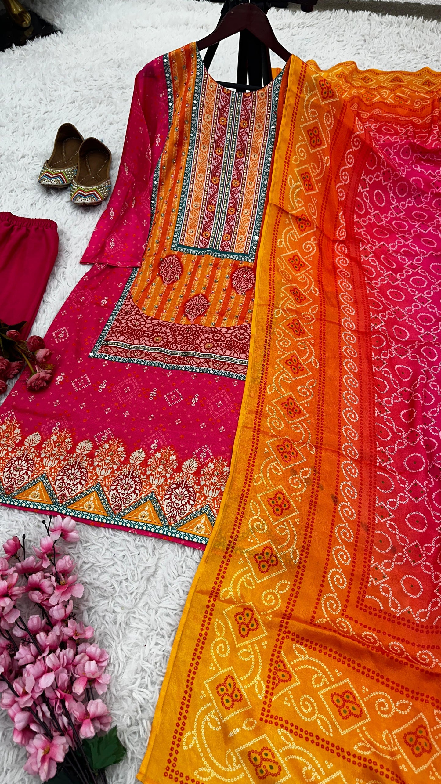 Orange And Pink Color Heavy Pure Chinon Silk With Digital Printed And Handwork And Diamond Handwork Designer Salwar Suit