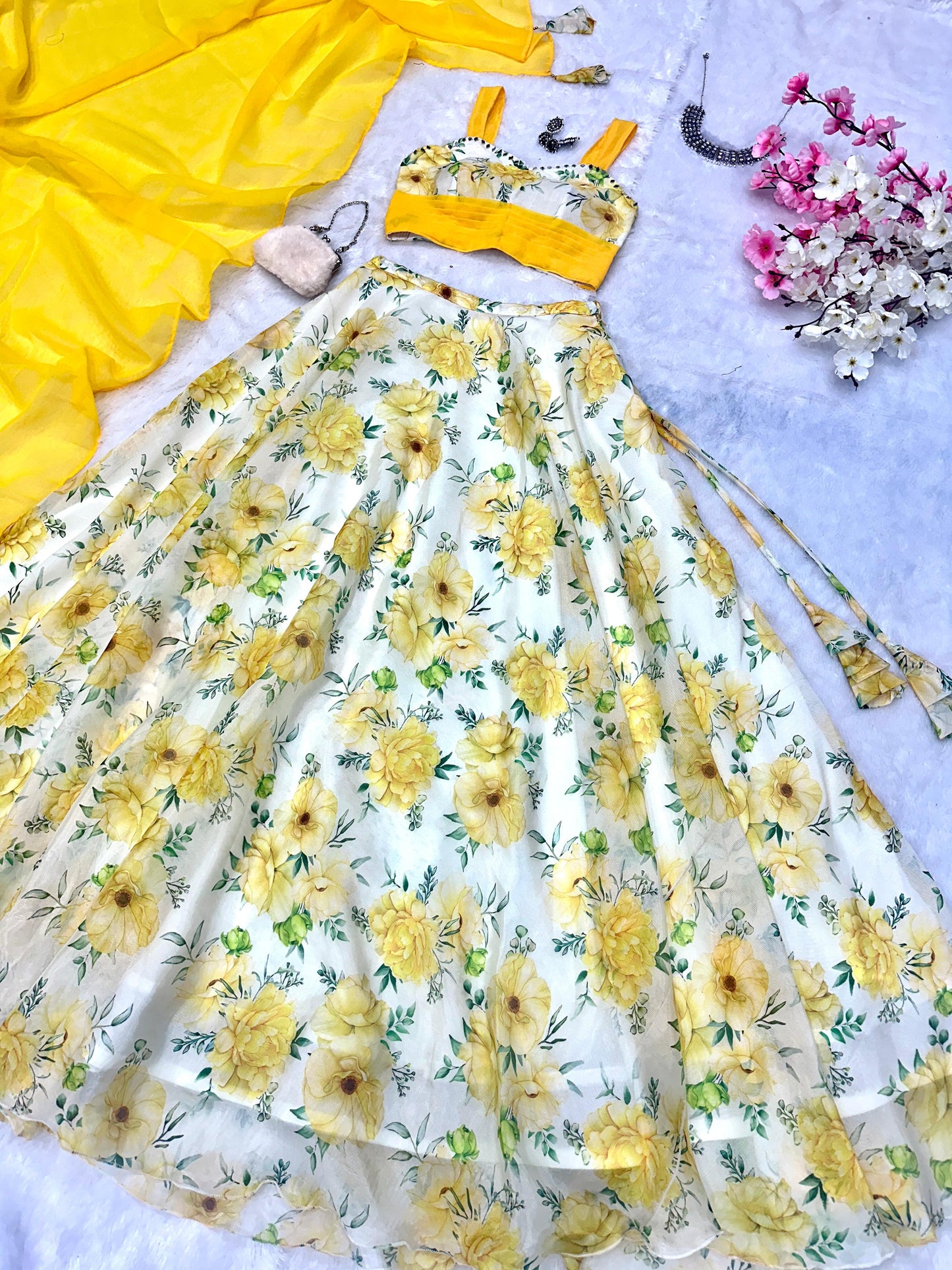 Haldi Wear Yellow Color Pure Jimmy Organza Silk Floral Printed With 8 Meter Lehenga Choli
