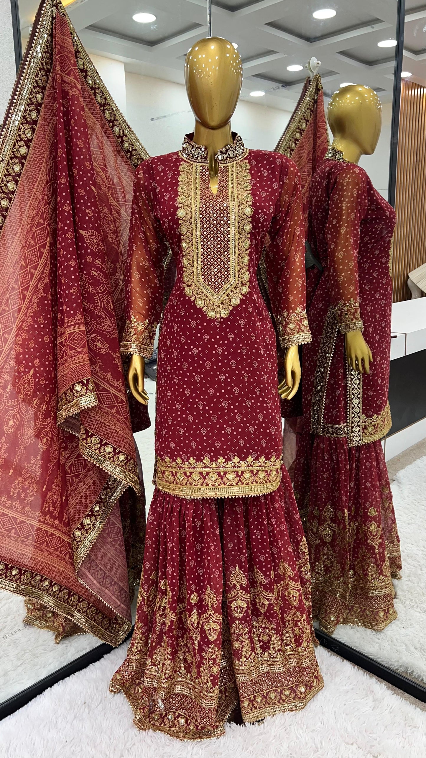 Wedding Wear Maroon Color Heavy Faux Georgette With Beautiful Digital Print With Embroidery Sequence Work Sharara Suit