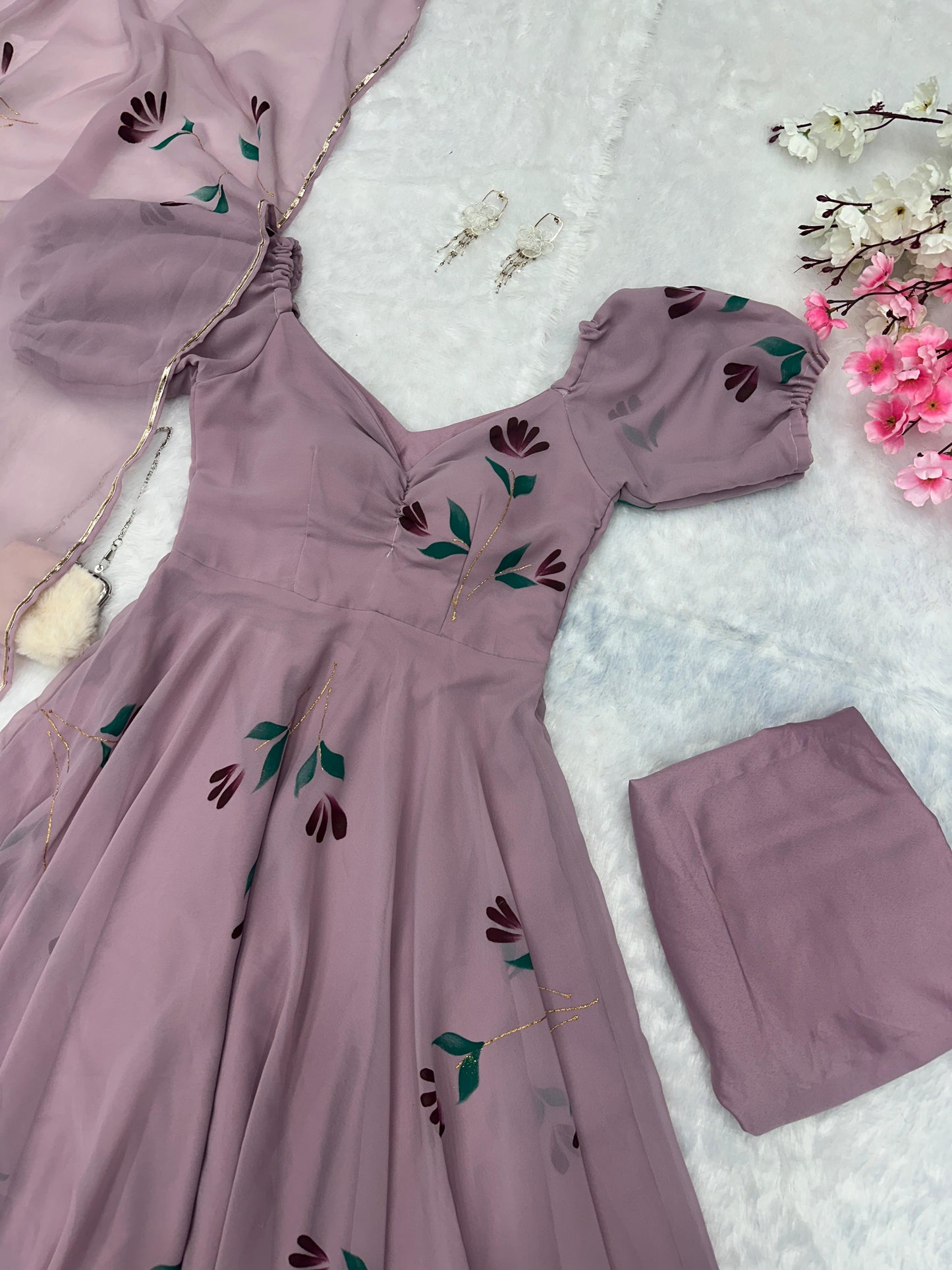 Casual Wear Dusty Peach Color Hand Printed Georgette Designer Anarkali Suit