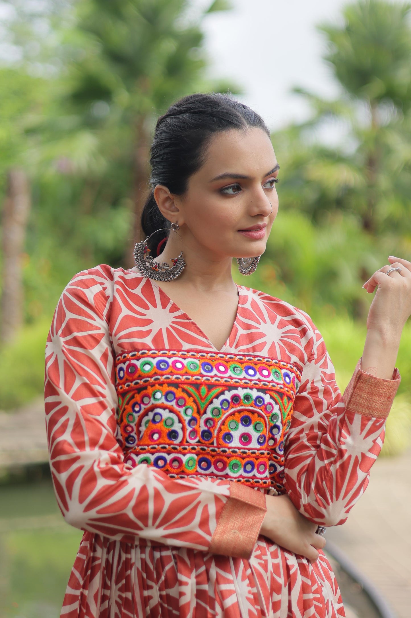 Navratri Collection Printed Art silk With Kutchi Gamthi Work Orange Color Navratri Kurti