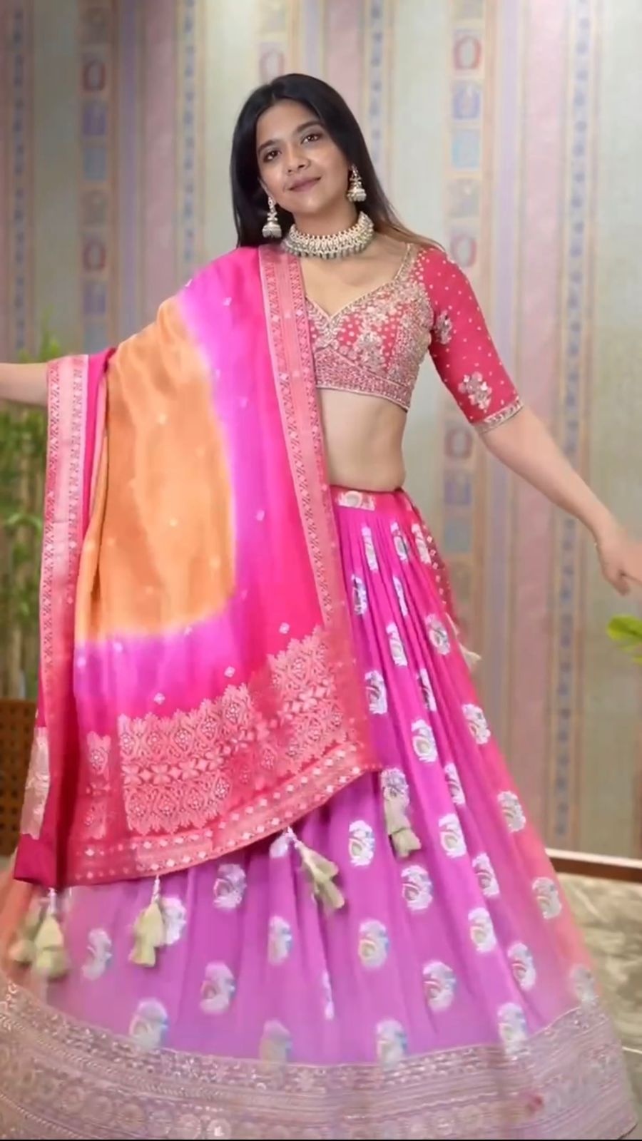 Multi Color Heavy Chinon Silk With Heavy Embroidery Sequence Work With Beautiful Digital Print Work Lehenga Choli