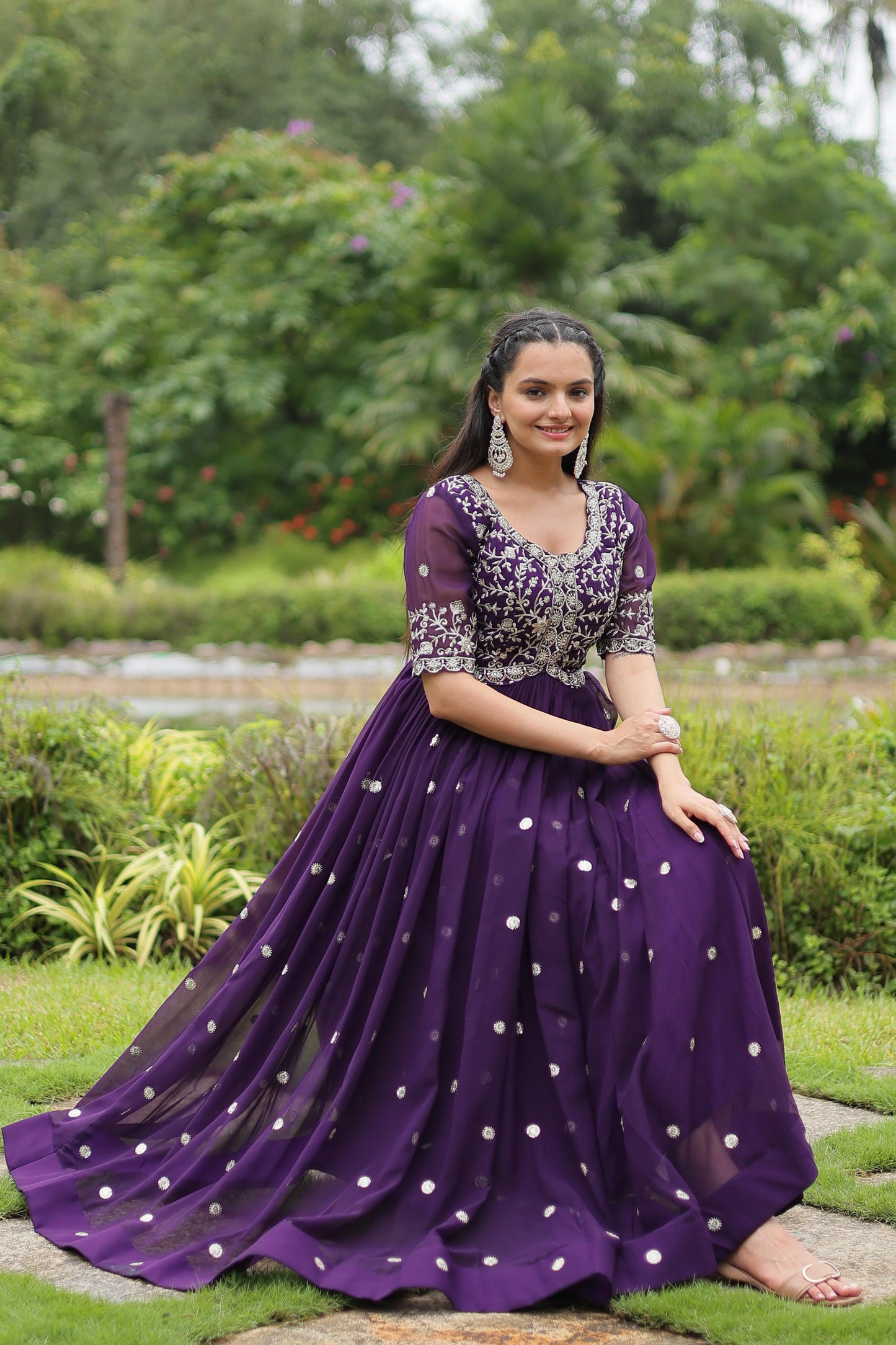 Party Wear Purple Color Faux Blooming With Embroidery Zari Sequin Work Designer Gown
