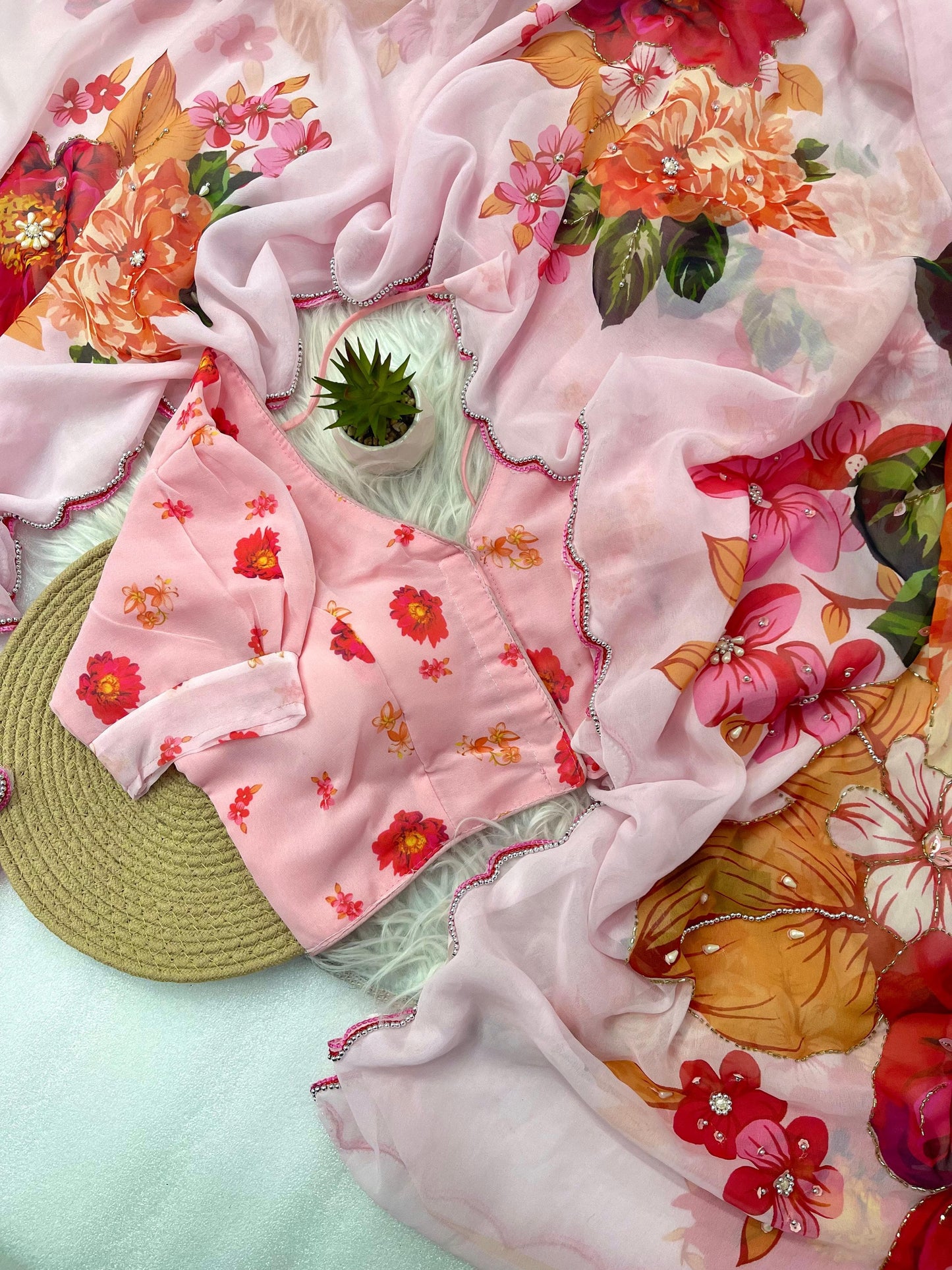 Ceremony Wear Baby Pink Color Soft Georgette Silk With Floral Print Designer Saree