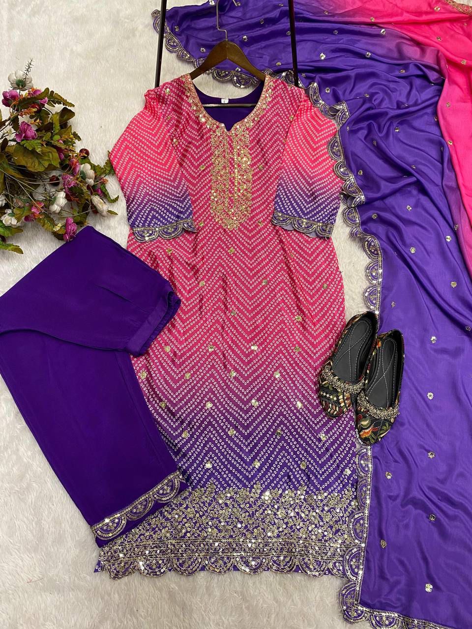 Beautiful Purple And Pink Color Pure Chinon Silk Printed With Sequences Embroidery Work Salwar Suit
