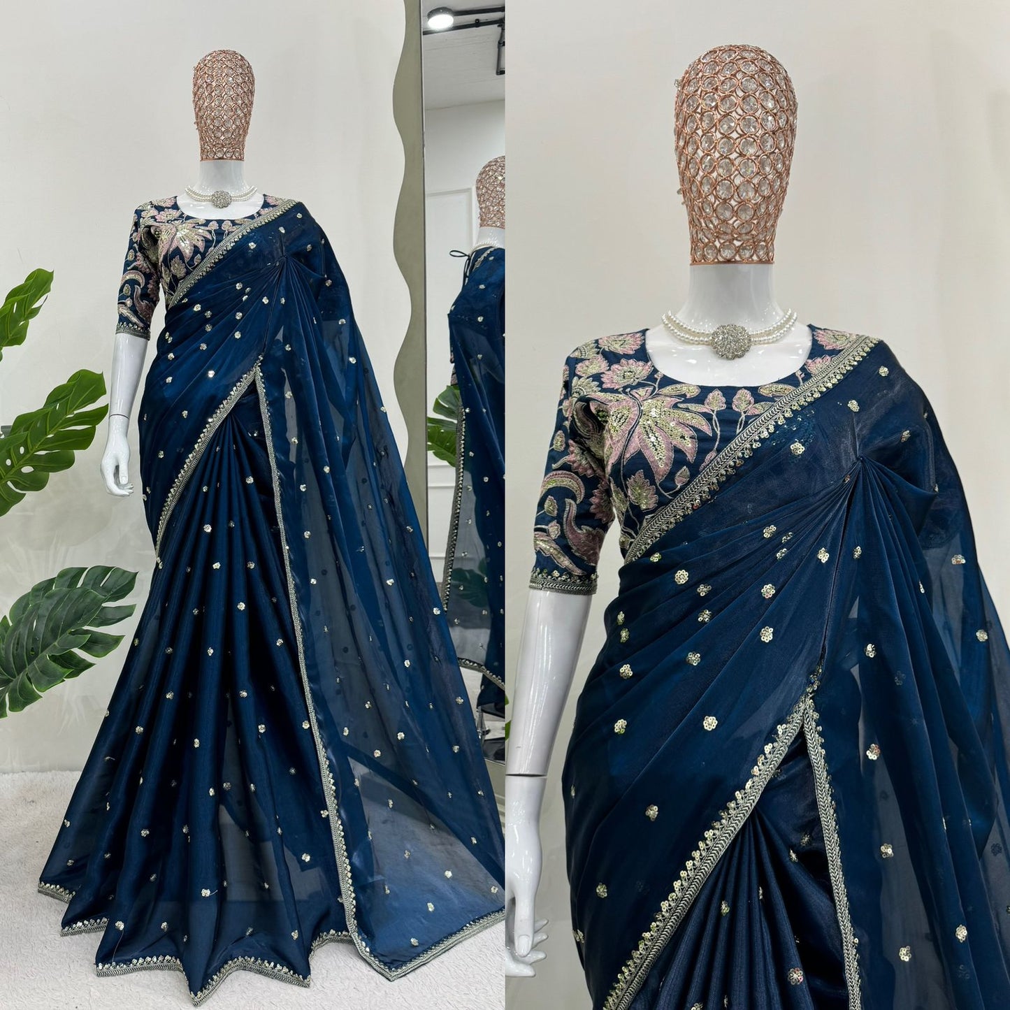 Beautiful Teal Blue Color Designer Jimmy Chu Sequence And Thread Work Saree