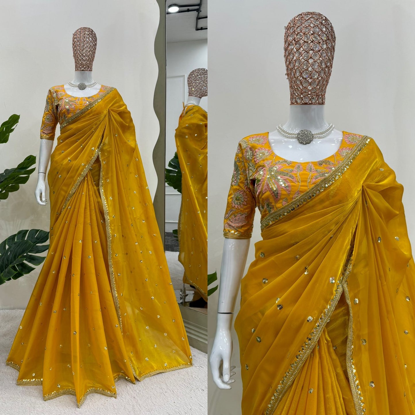 Beautiful Mustard Color Designer Jimmy Chu Sequence And Thread Work Saree