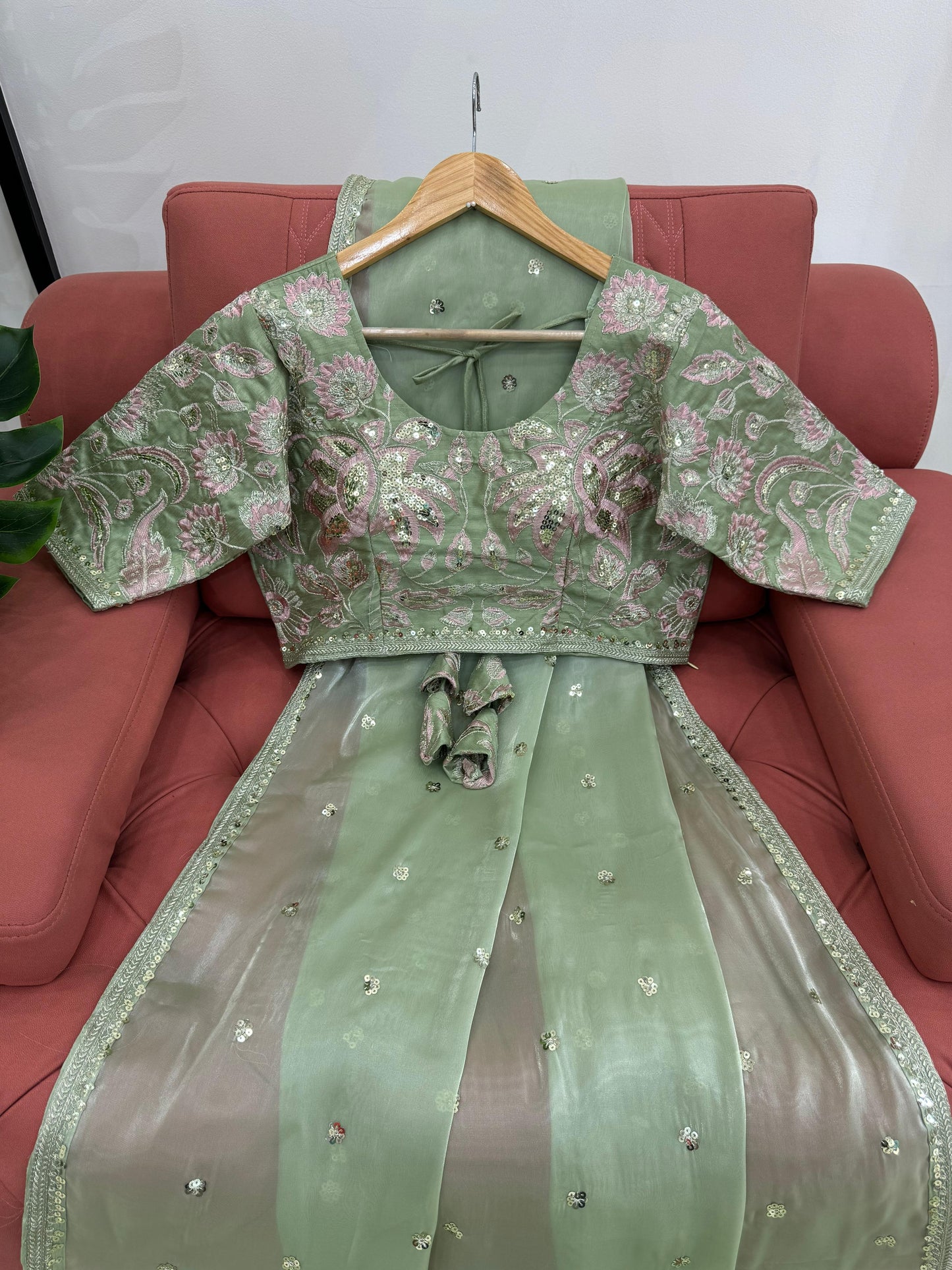 Beautiful Light Green Color Designer Jimmy Chu Sequence And Thread Work Saree