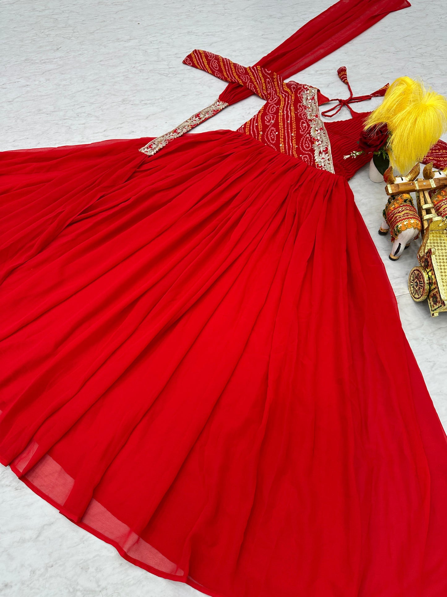 Luxuriant Red Color Pure Bandhej With Faux Georgette And Sequence Embroidery Work Beautiful Gown