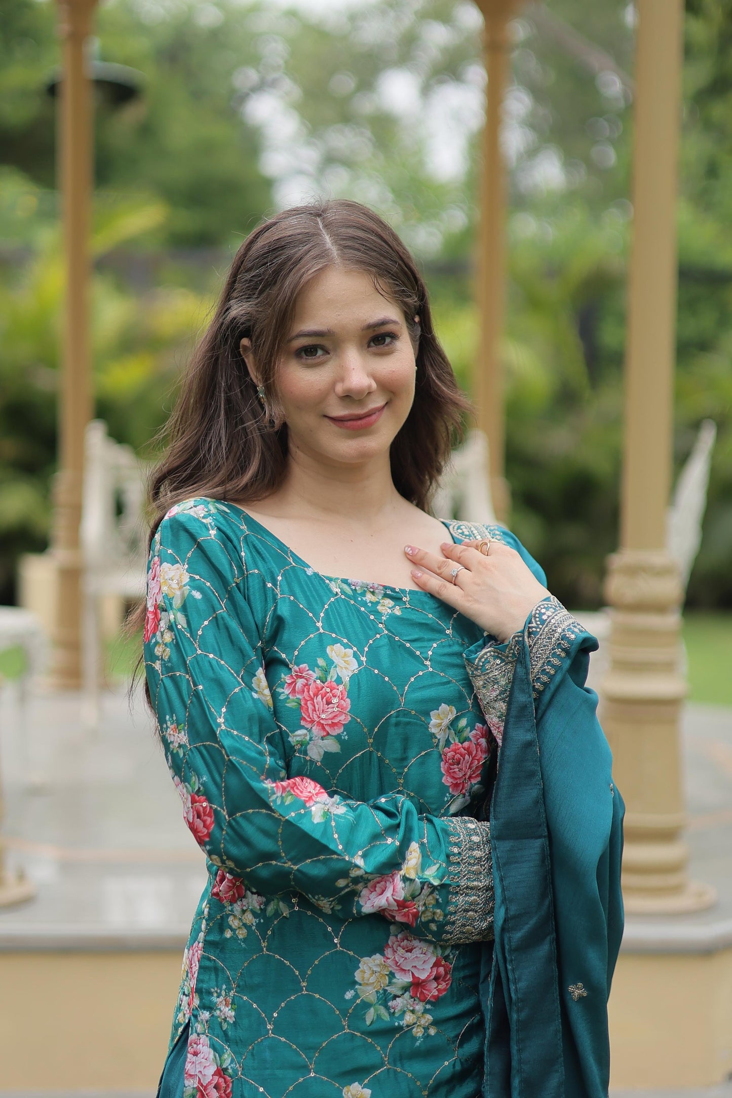 Party Wear Teal Color Chinon Printed With Sequins And Thread Embroidered Work Designer Palazzo Suit