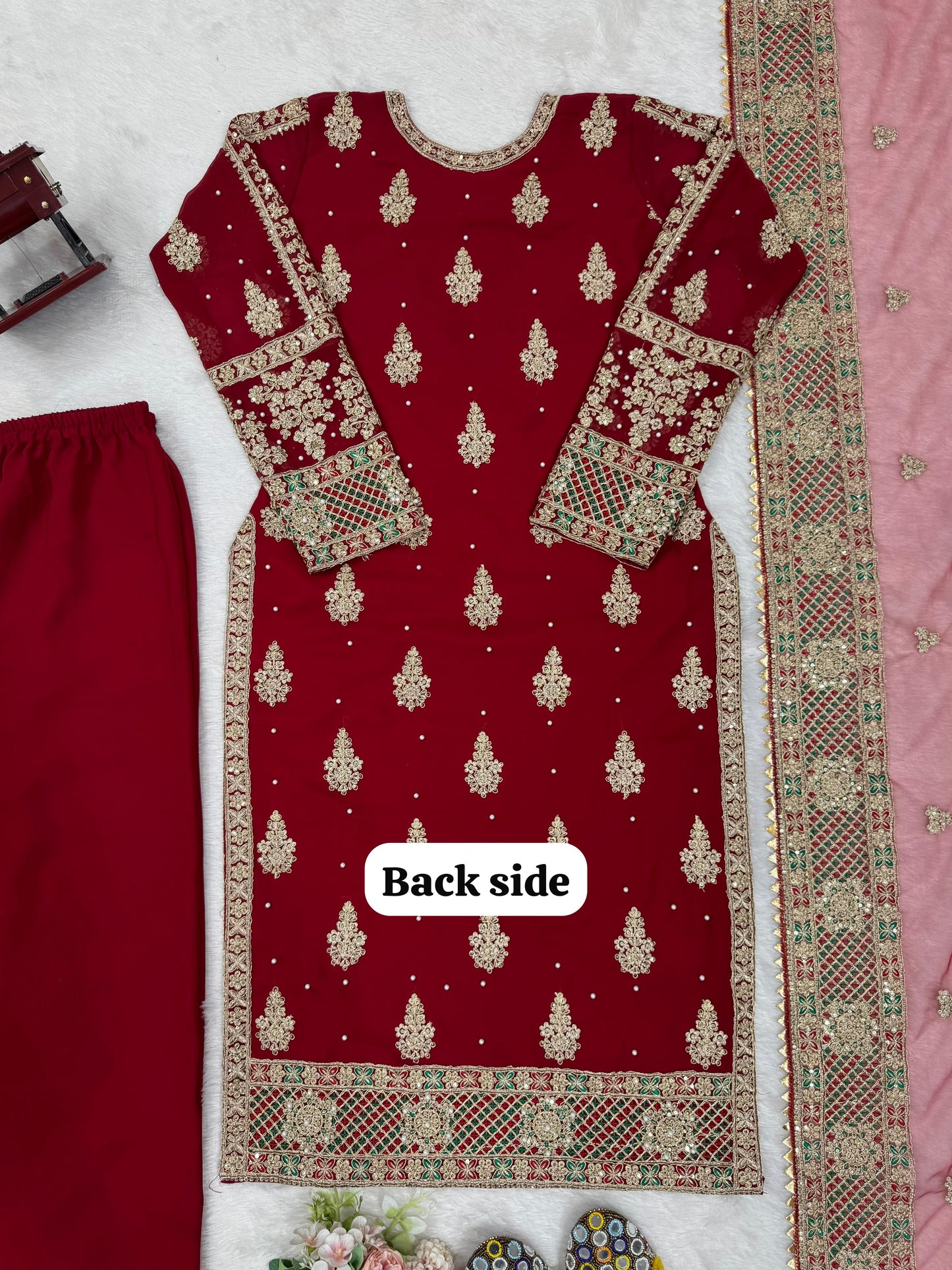 Wedding Wear Maroon Color Faux Georgette Thread And Sequenced With Pearl Work Palazoo Suit