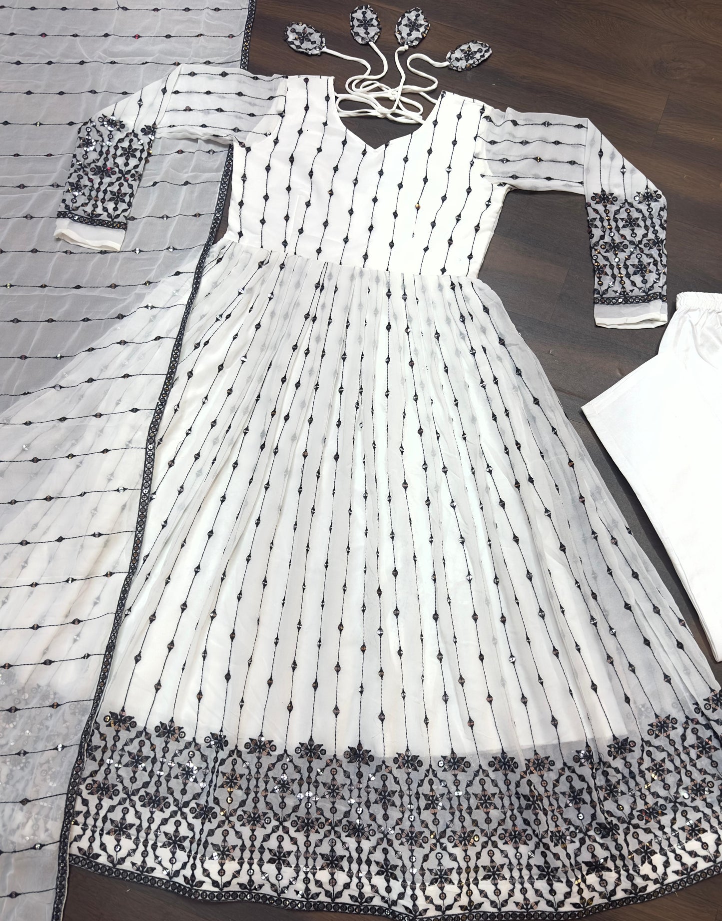 Gorgeous White Color Faux Georgette Fabric With All Over 9 Mm Embroidery Work Designer Gown