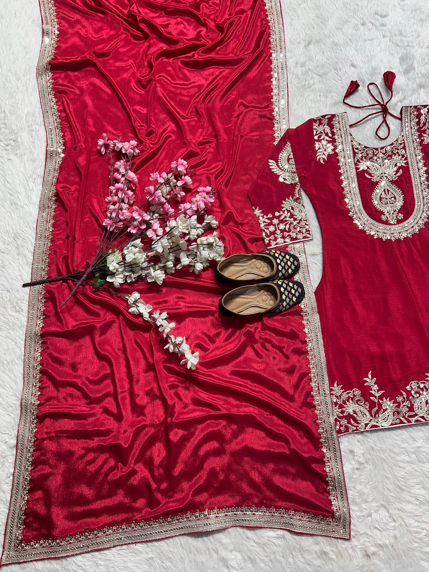 Stunning Red Color Pure Heavy Chinon Silk With Heavy Embroidery Coding Sequence Work Salwar Suit