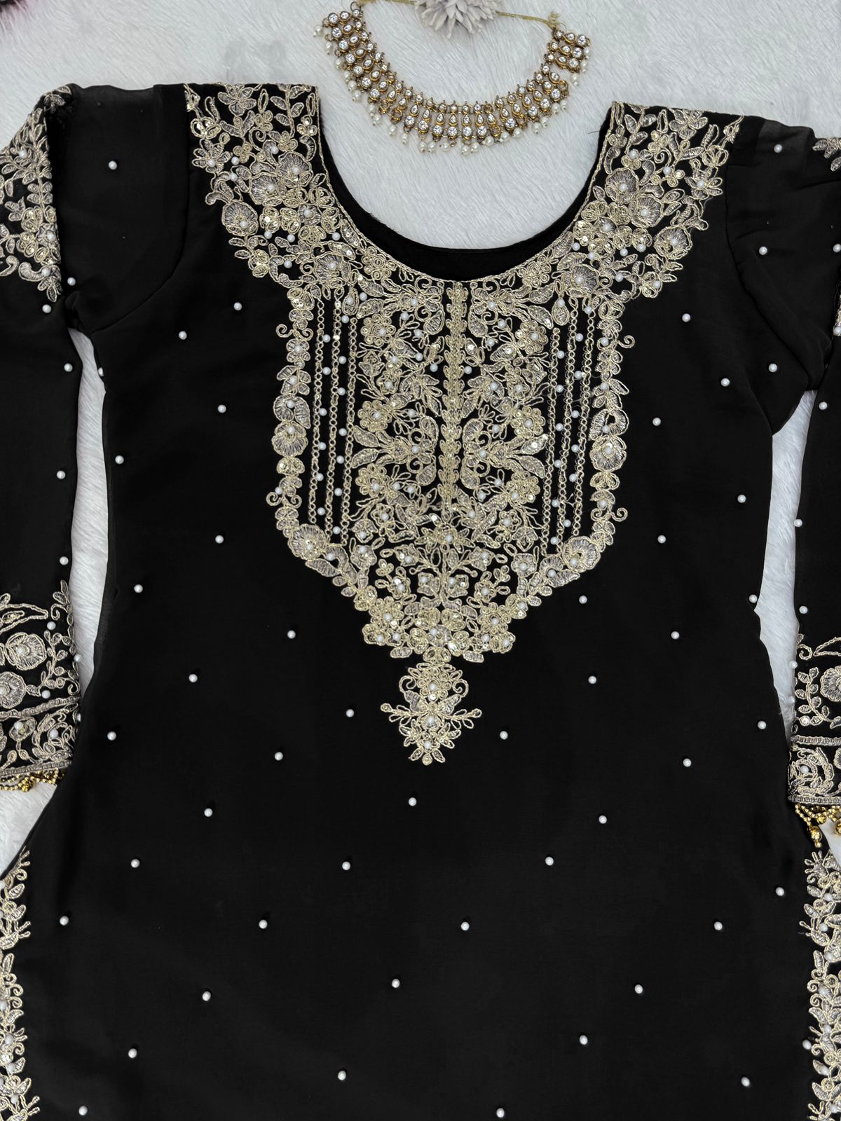 Wedding Wear Black Color Faux Georgette With Coding And Sequence With Pearl Work Beautiful Designer Sharara Suit