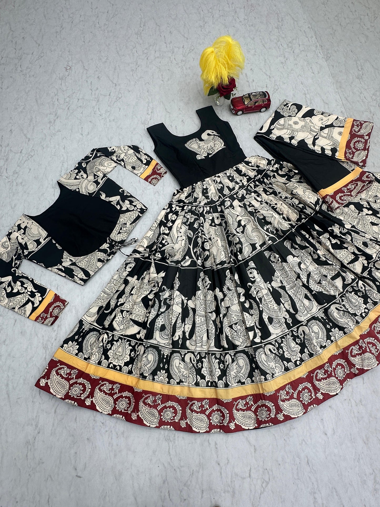 Function Wear Black And White Color Rayon Cotton And kalamkari Printed Designer Gown