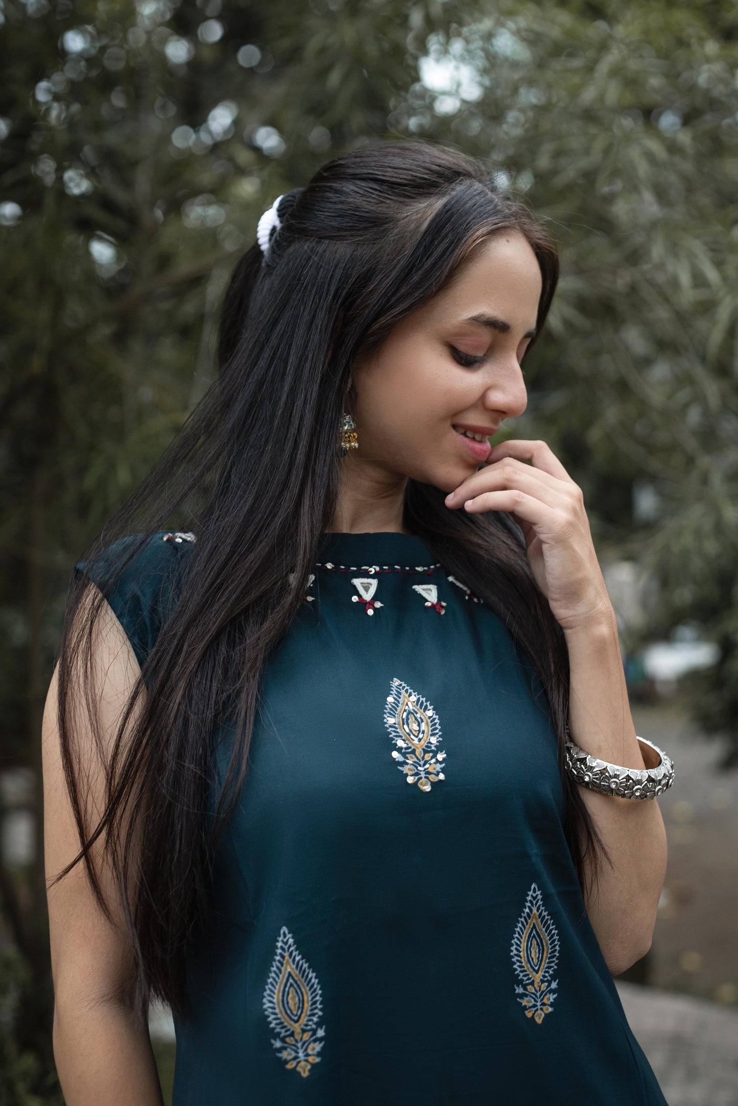 Eyes Catching Teal Blue Color Mirror Hand Work Designer Palazzo Suit