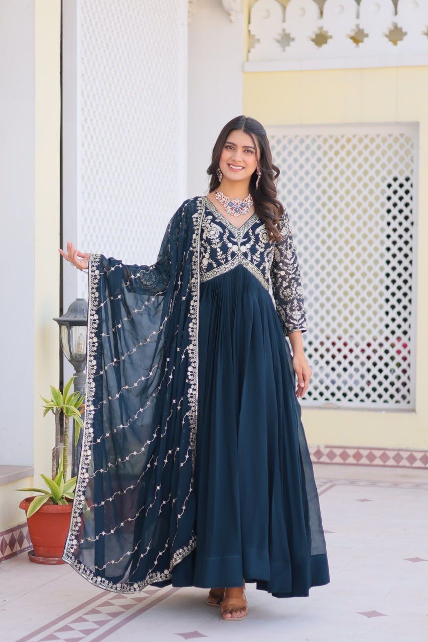 Party Wear Teal Blue Color Faux Georgette And Heavy Sequence Embroidery Work Designer Gown
