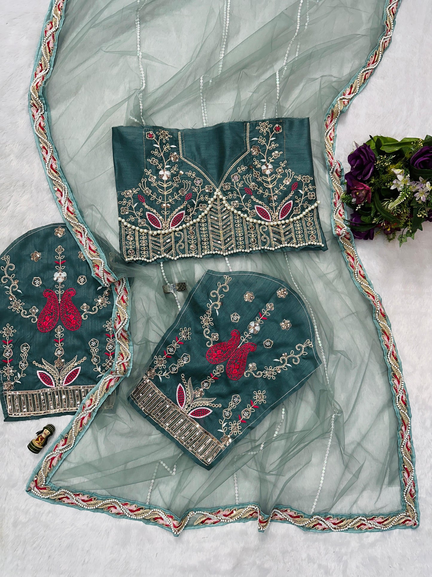 Wedding Wear Sky Color Butterfly Net Embroidery Work With Pearl Moti Work Designer Saree With Fancy Blouse