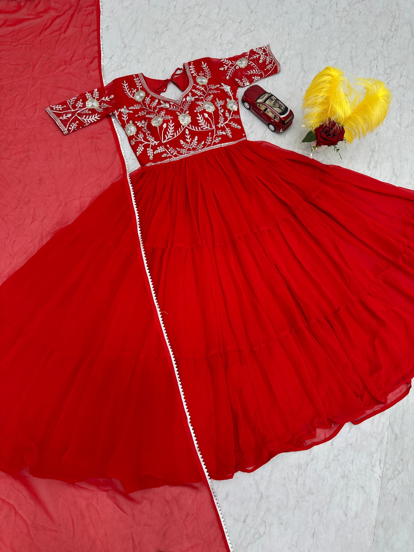 Casual Wear Red Color Faux Georgette Heavy Embroidery Sequence Work Designer Gown
