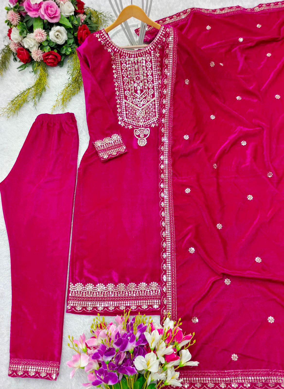 Party Wear Red Color Viscos Velvet With Heavy Embroidery 5mm Sequence Work Designer Salwar Suit