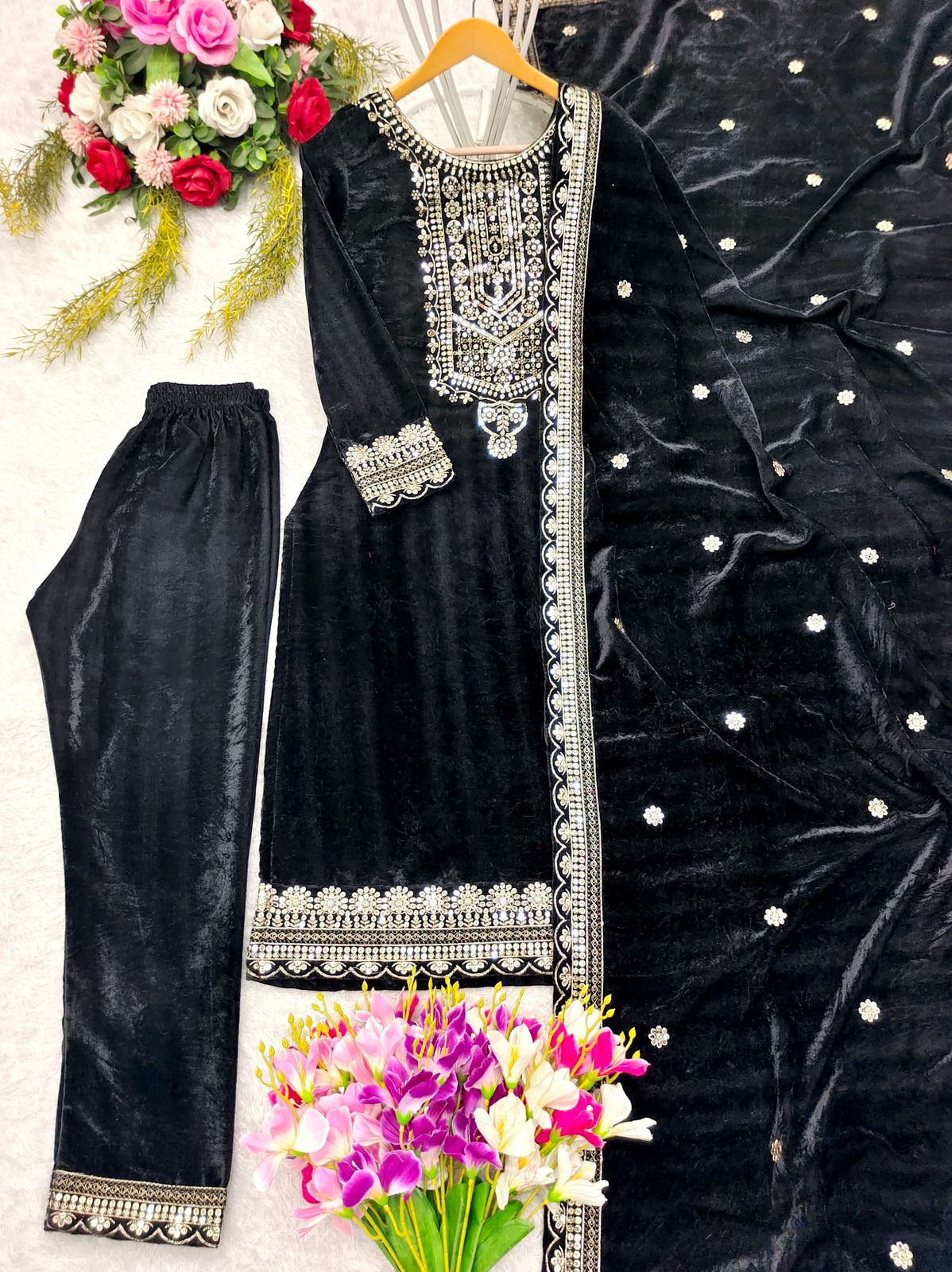 Party Wear Black Color Viscos Velvet With Heavy Embroidery 5mm Sequence Work Designer Salwar Suit
