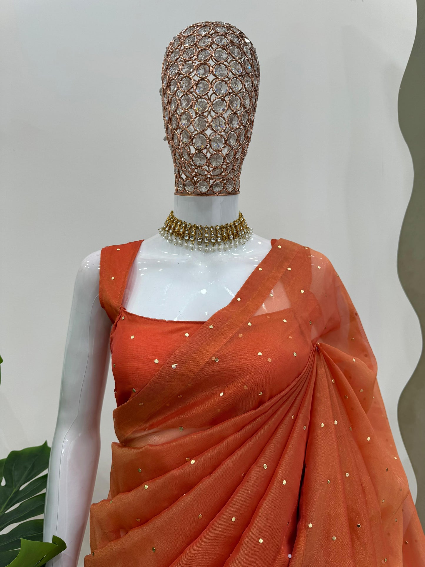 Engagement Wear Orange Color Tissue Silk Mukesh Work With Heavy Fancy Lace Designer Organza Saree