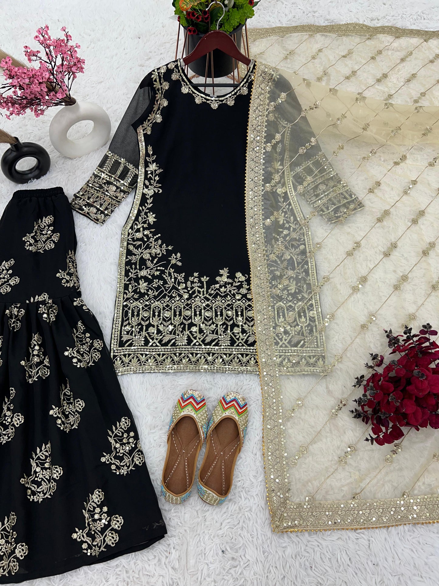 Wedding Wear Black Color Heavy Faux Georgette With 5mm Embroidery Sequence Work Designer Sharara Suit