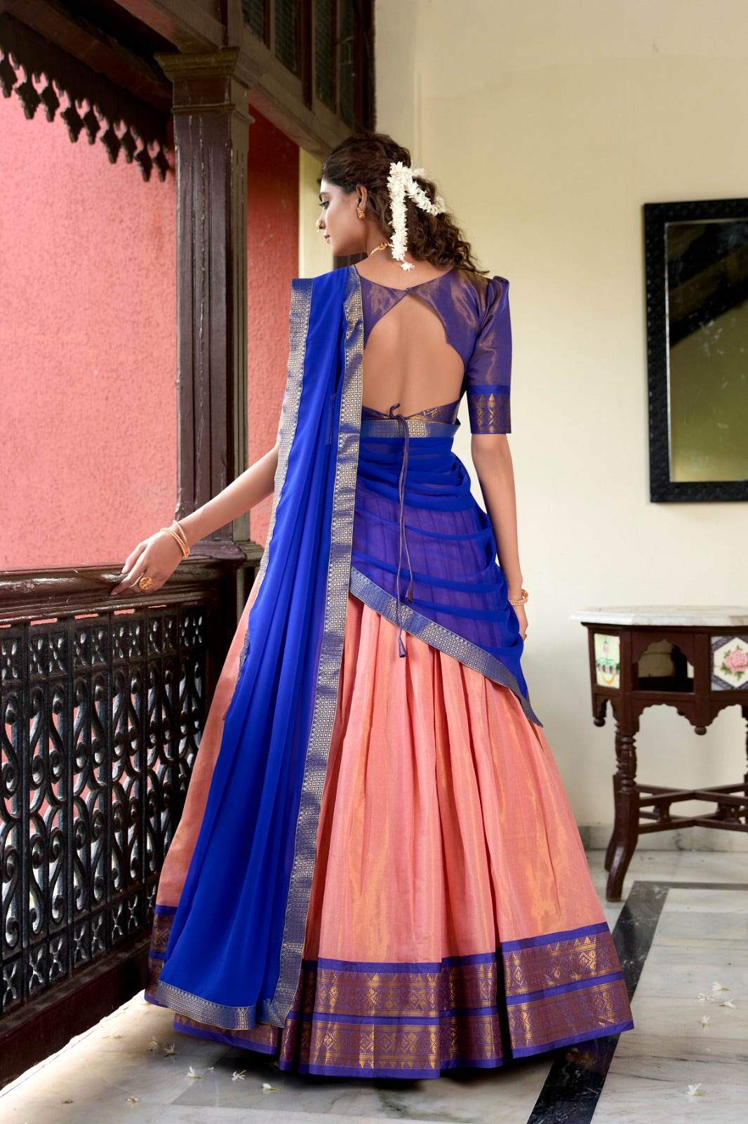 South Indian Wear Peach Color Kanchipuram Zari Weaving Work Designer Lehenga Choli