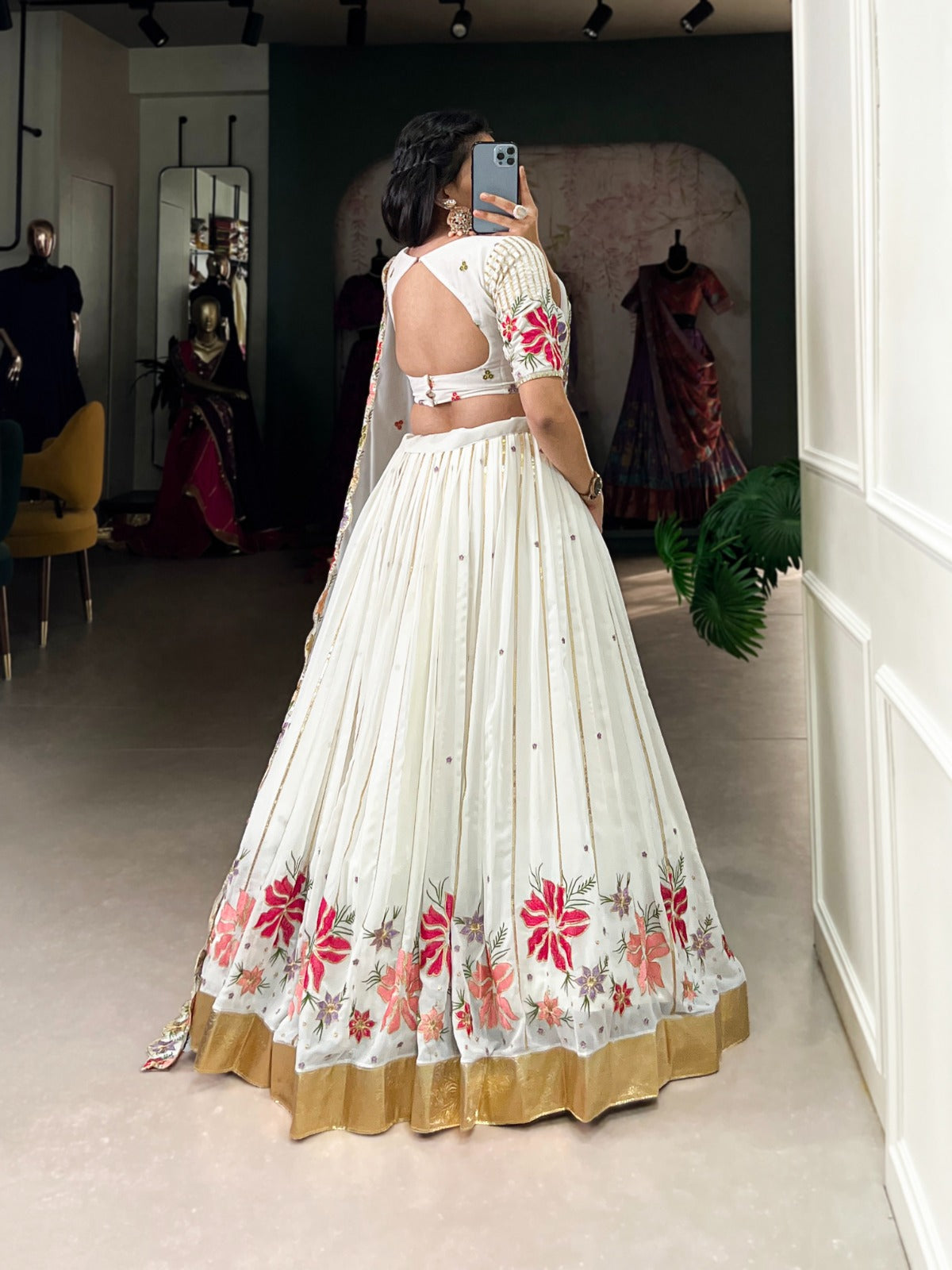 Marriage Special White Color Georgette Sequins And Thread Embroidery Work With Embossed Design Lace Designer Lehenga Choli