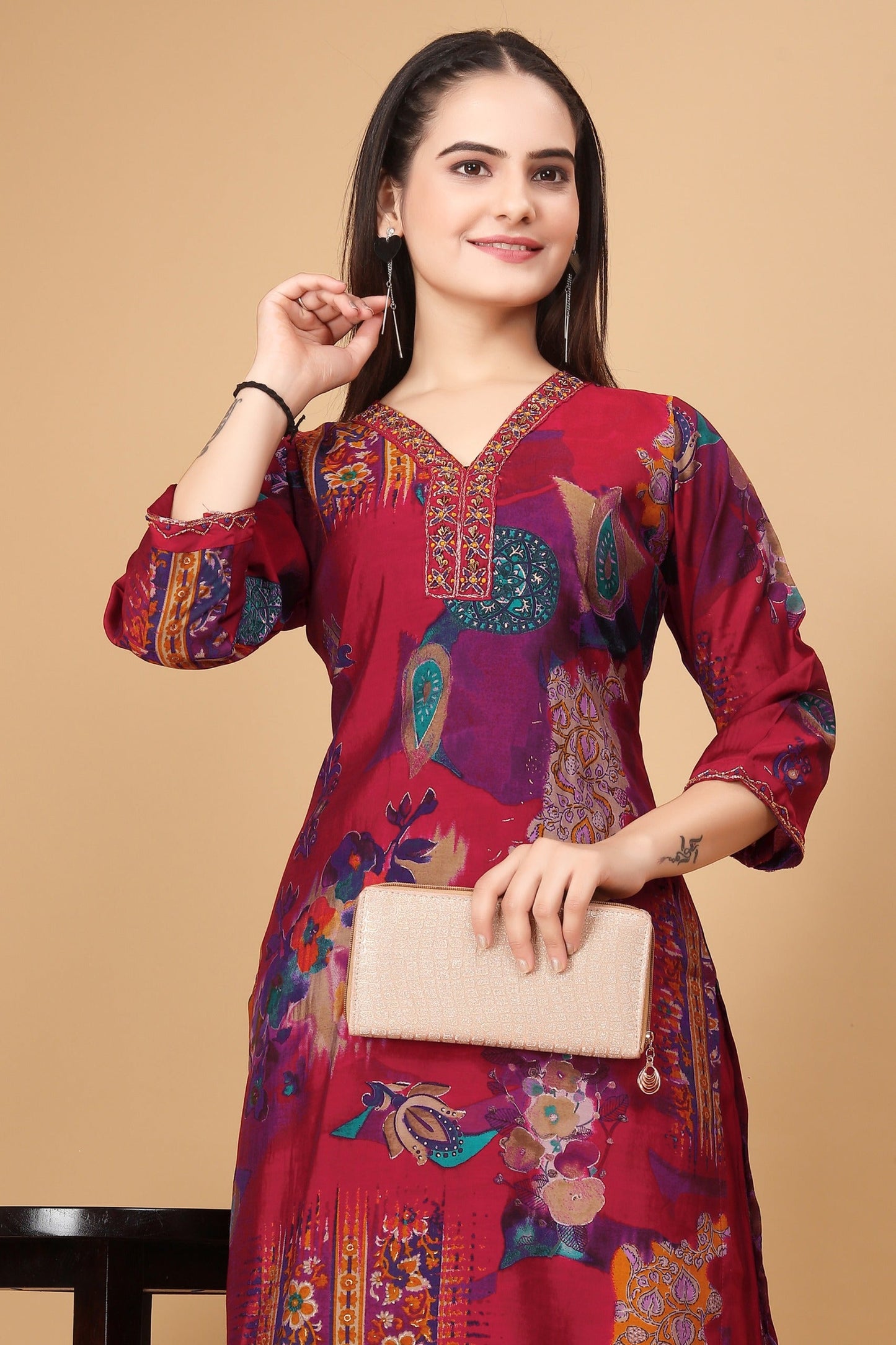 Casual Wear Rose Pink Color Modal Viscose Silk With Handwork And Hemline Work Co-ord Set
