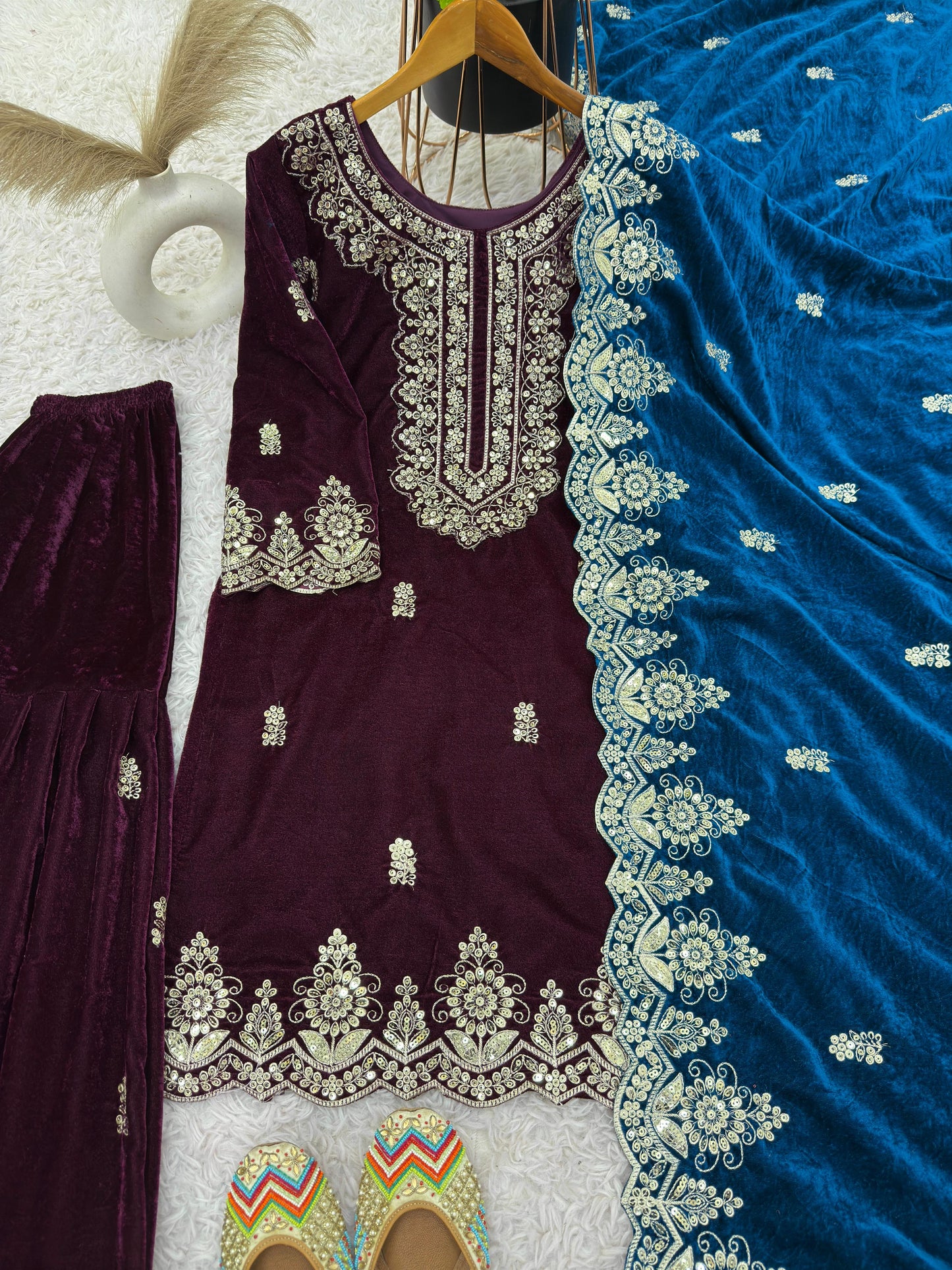 Glorious Wine Color Heavy Viscose Velvet With Heavy Embroidery Sequence Work Sharara Suit