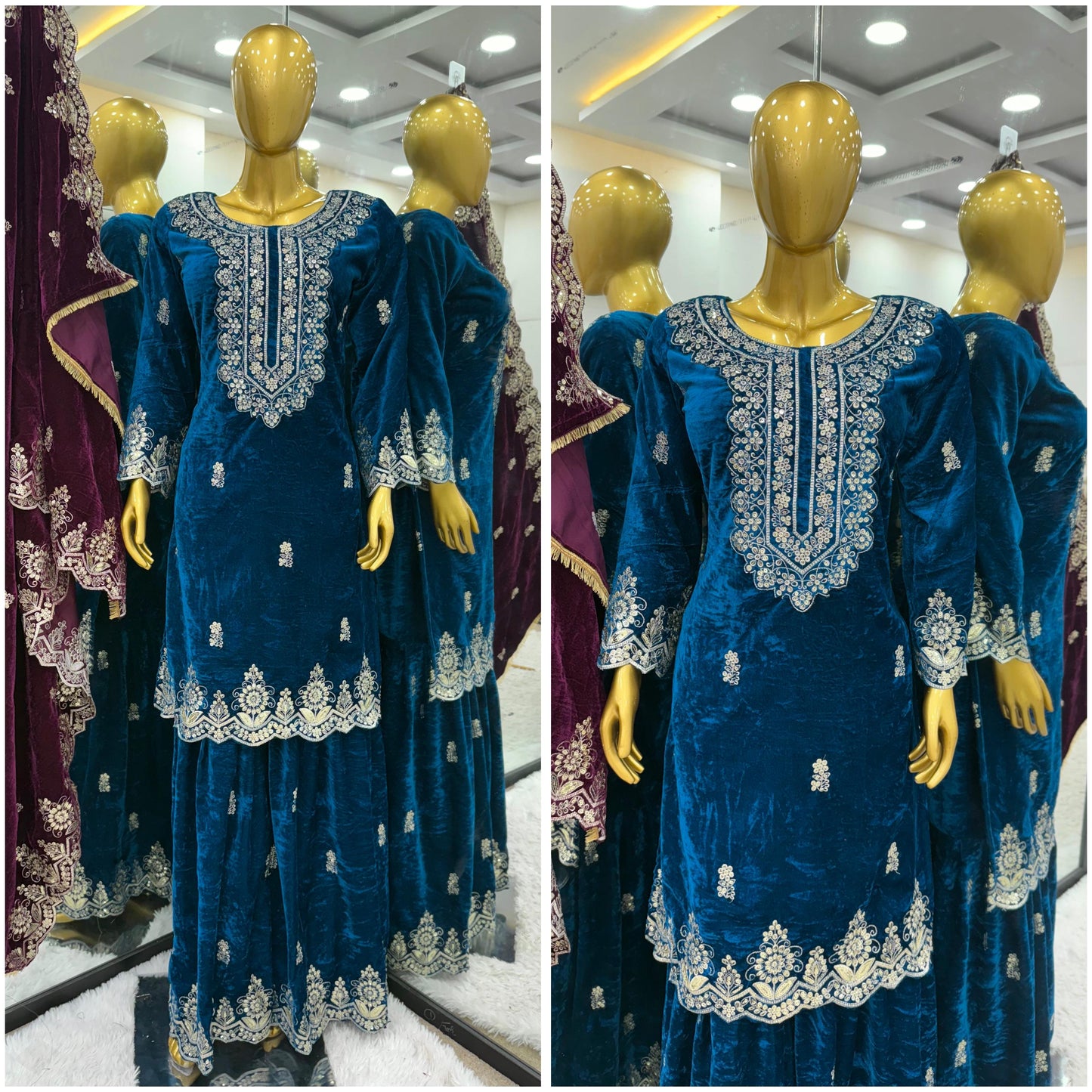 Glorious Navy Blue Color Heavy Viscose Velvet With Heavy Embroidery Sequence Work Sharara Suit