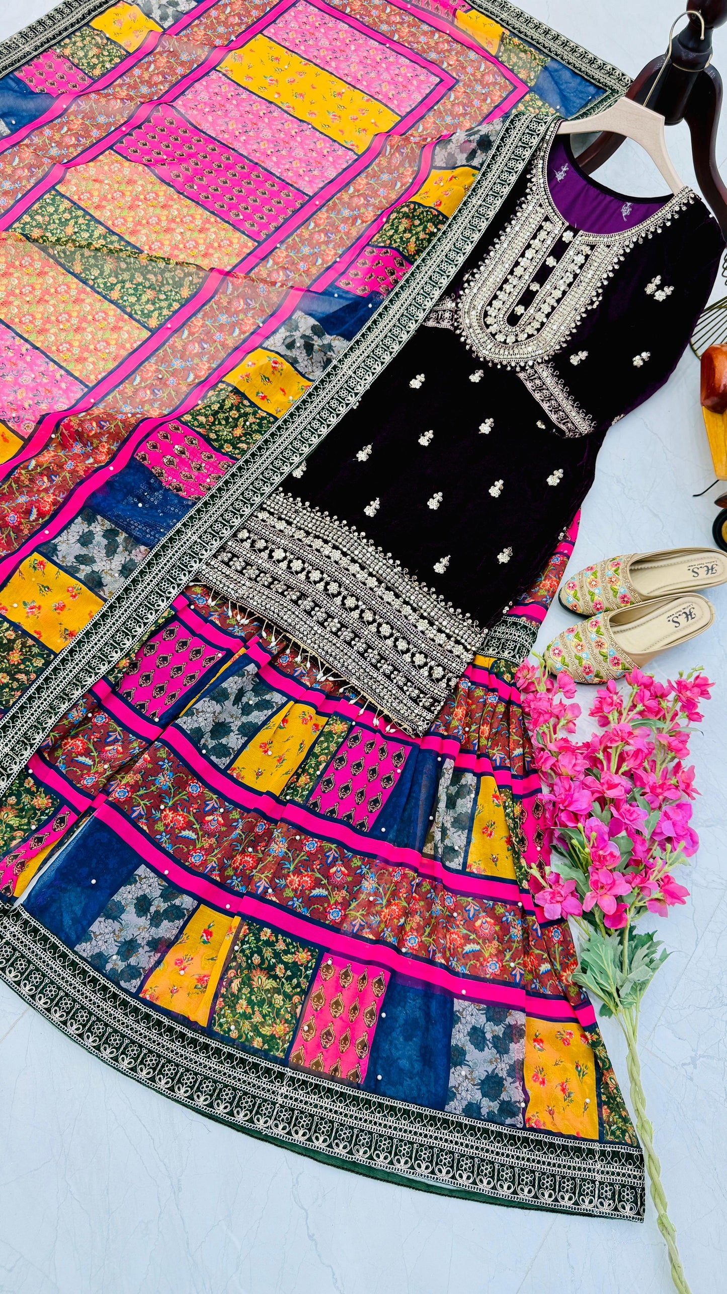 Reception Wear Black Color Velvet With Embroidery Codding Sequence Work Velvet Sharara Suit