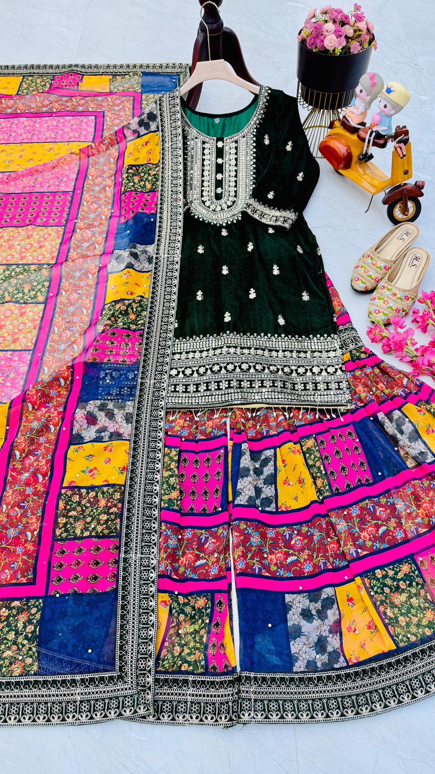 Reception Wear Green Color Velvet With Embroidery Codding Sequence Work Velvet Sharara Suit