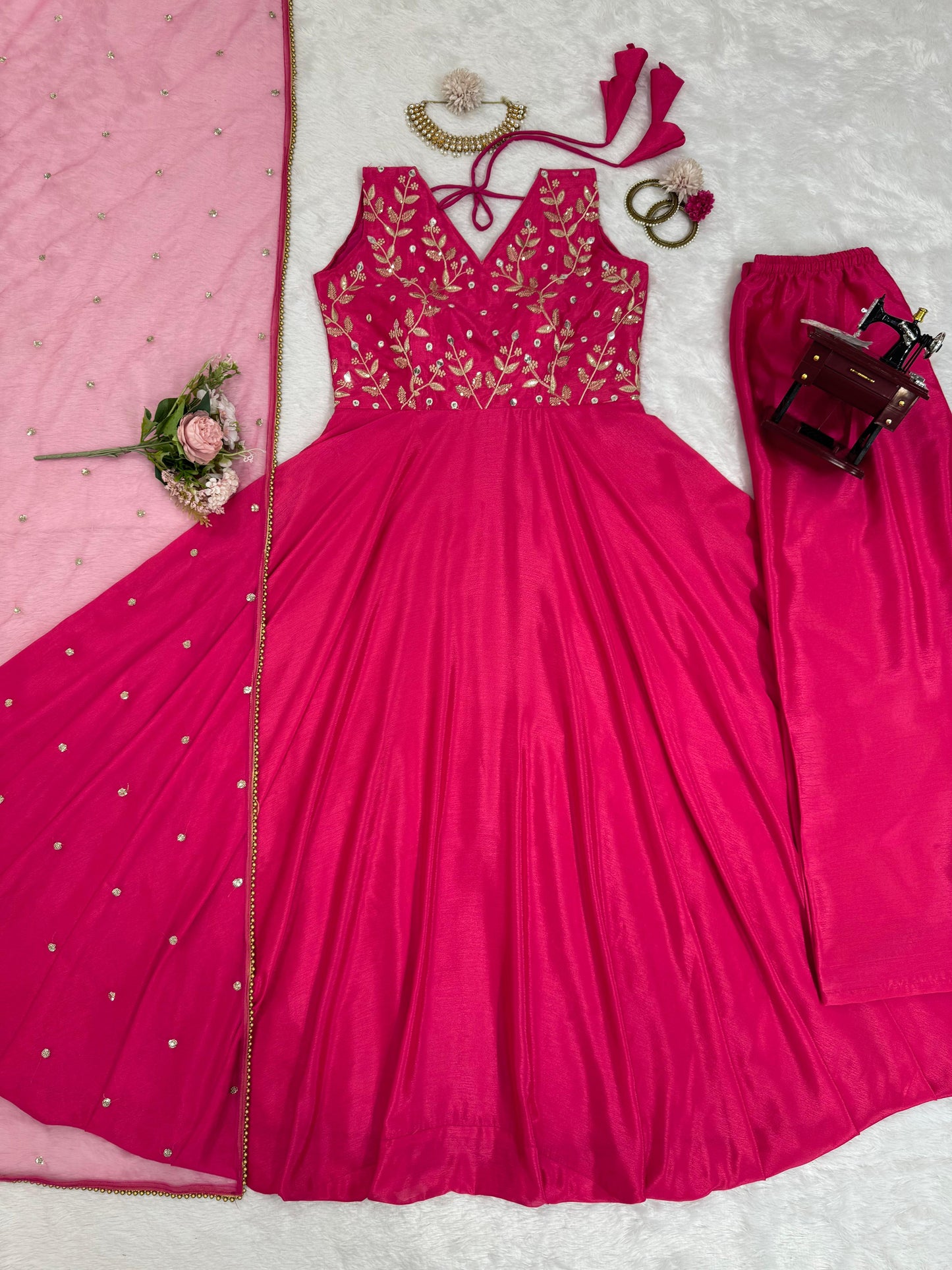 Mesmerizing Pink Color Chinon Silk And Thread With 9mm Sequence Work Designer Gown