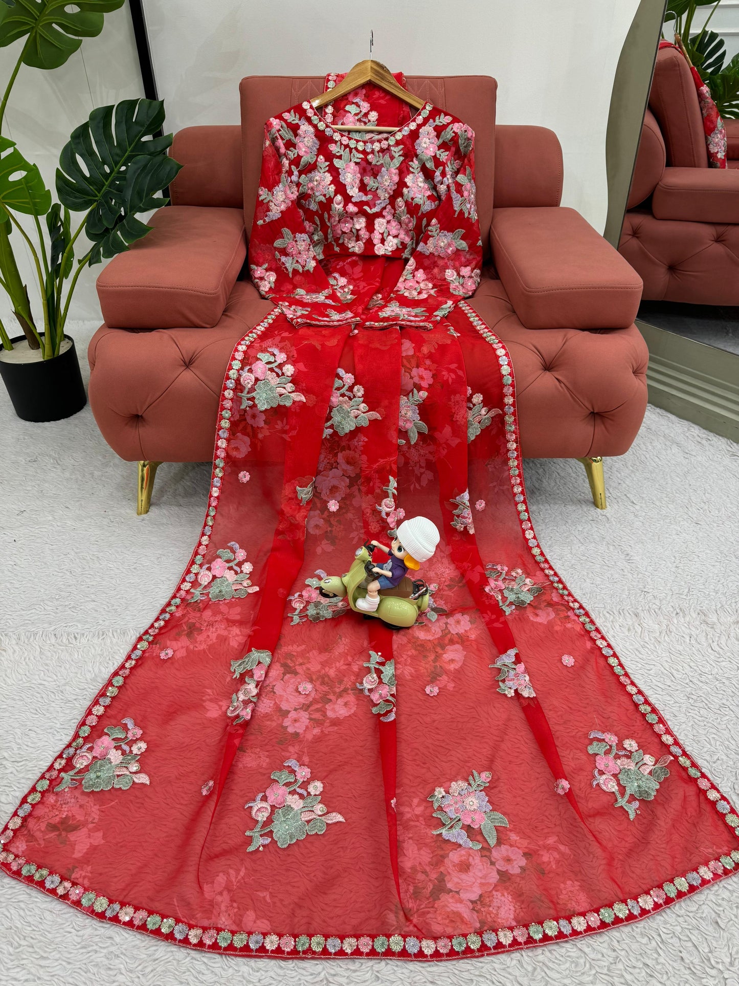 Elegant Red Color Flower Printed Heavy Georgette Thread And Sequence Work With Digital Printed Saree