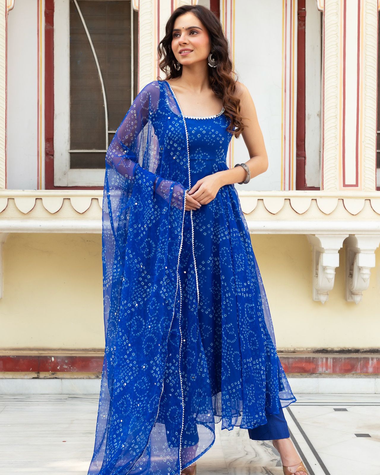 Stunning Classic Blue Color Wear Digital Printed Organza Gown