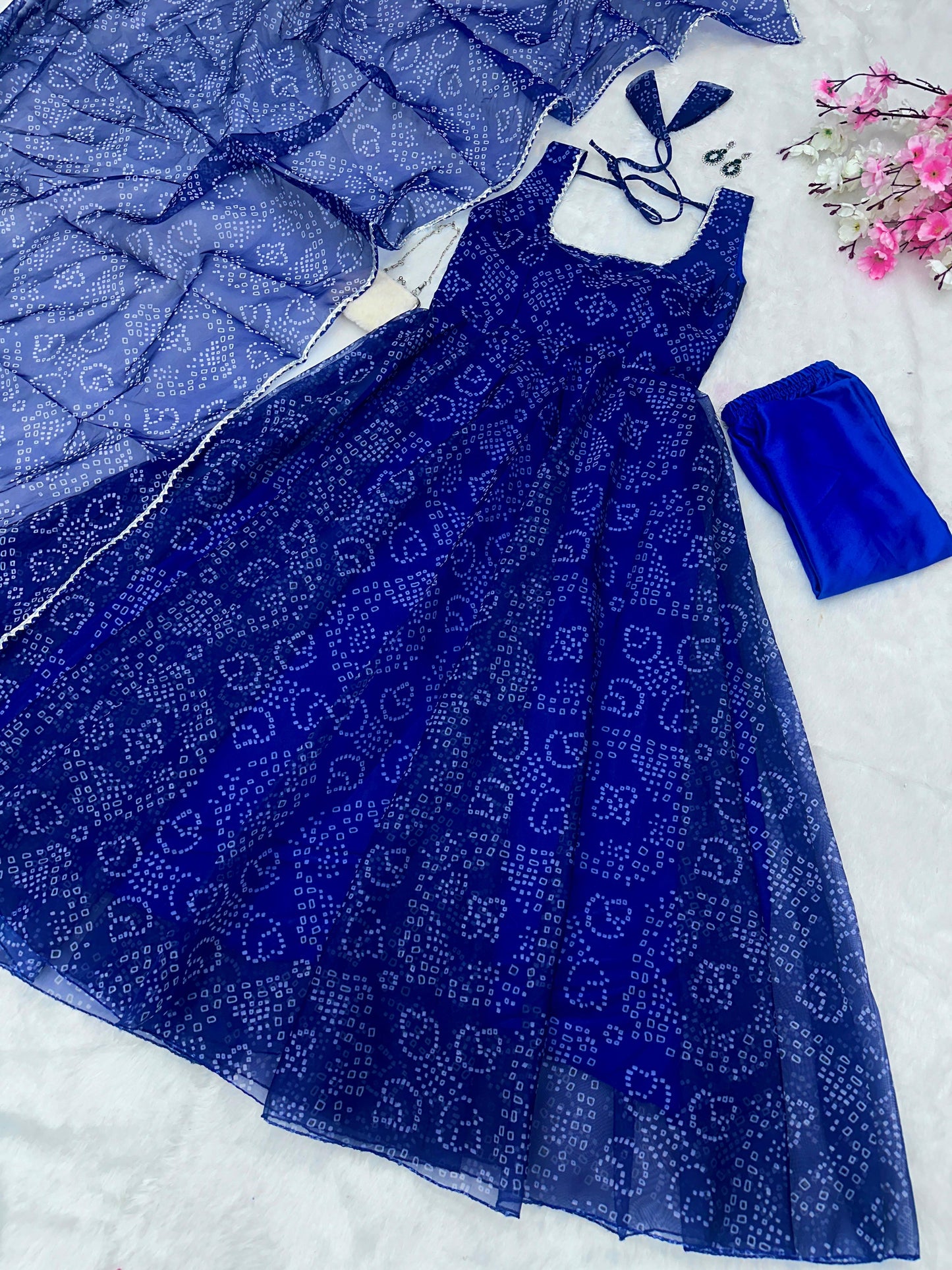 Stunning Classic Blue Color Wear Digital Printed Organza Gown