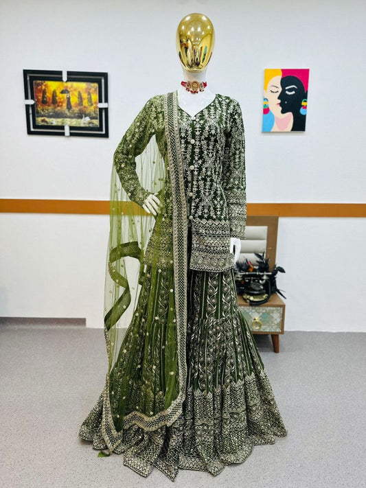 Wedding Wear Sequence Work Green Color Sharara Suit