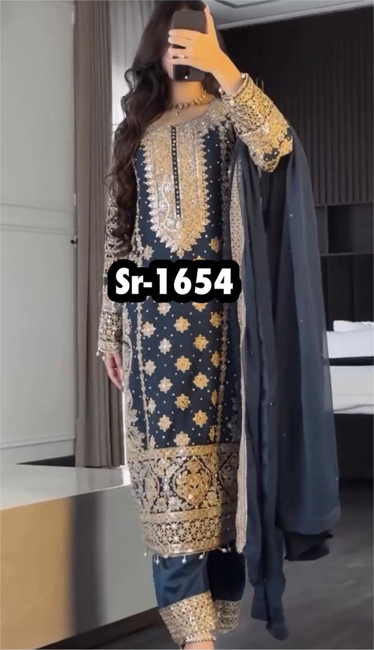 Fancy Blue Color Georgette Revet Moti Salwar Suit