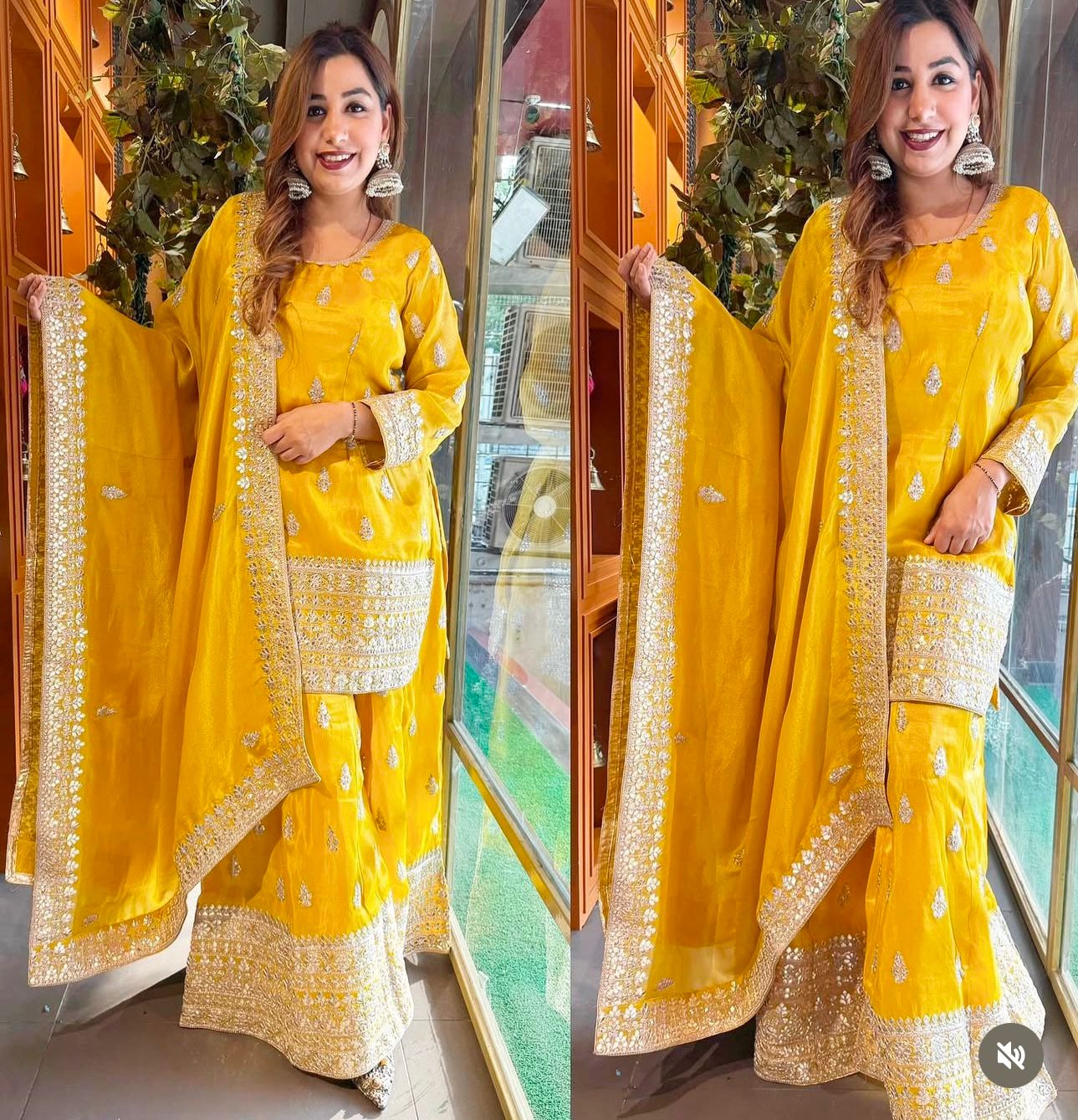 Haldi Wear Yellow Color Pure Chinon Silk With Embroidery 5mm Sequence Work Beautiful Sharara Suit