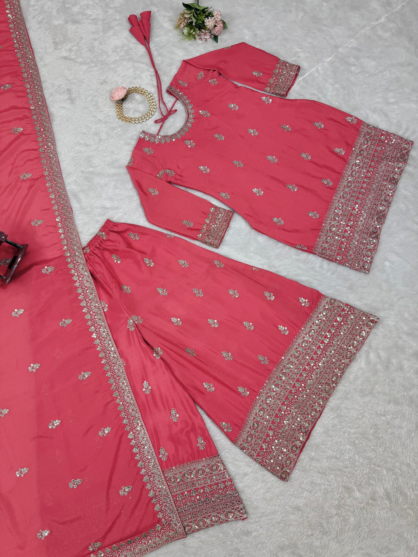 Beautiful Designer Pink Color Chinon Silk And Thread With Sequence Work Palazzo Suit